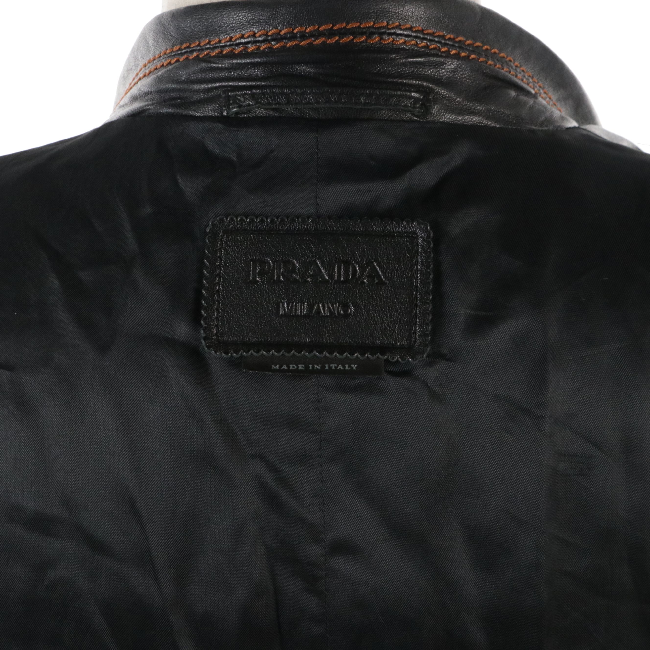 Prada Belted Lambskin Leather Coat with Contrast-Stitching
