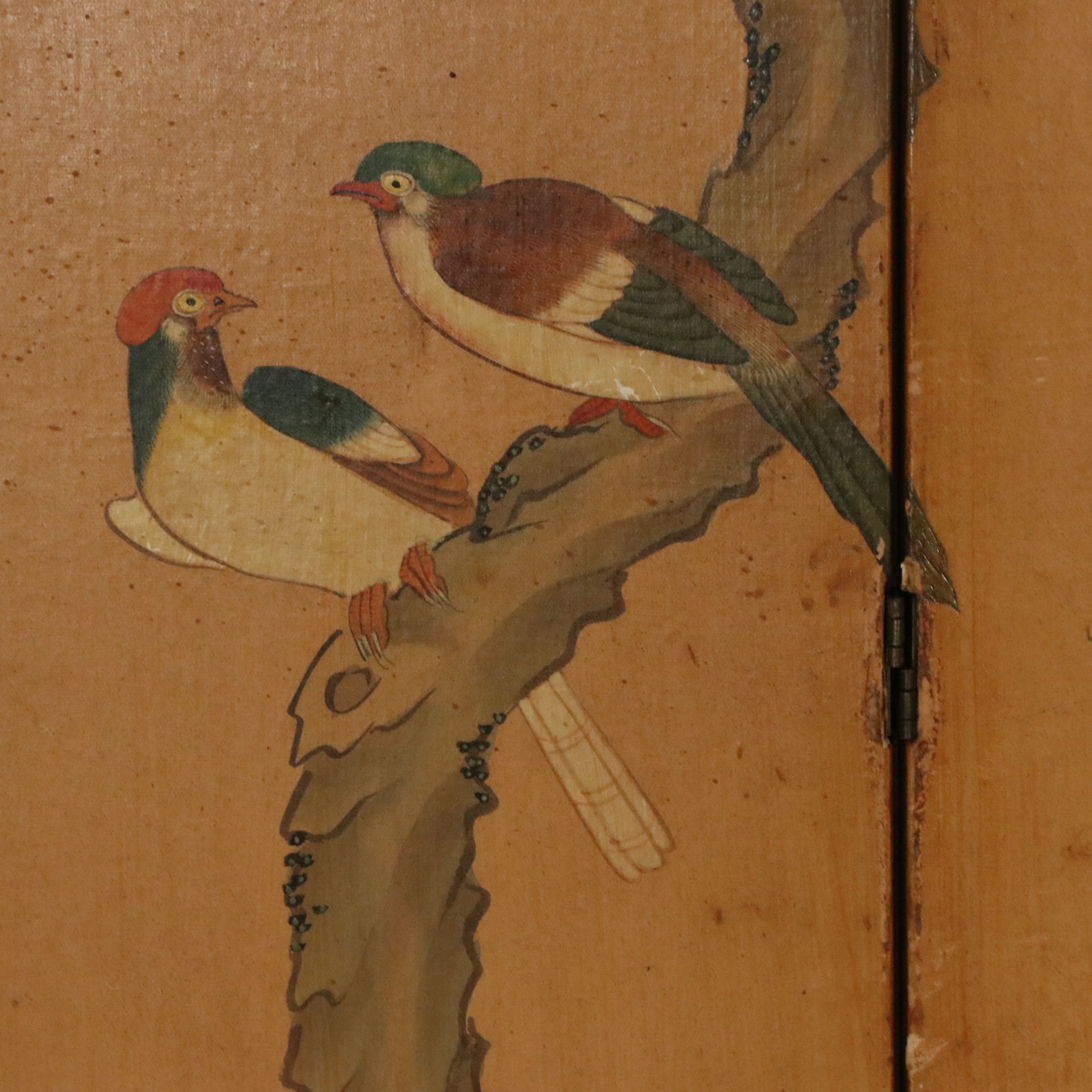 Chinese Four-Panel Painted Bird and Flower Screen, 20th Century