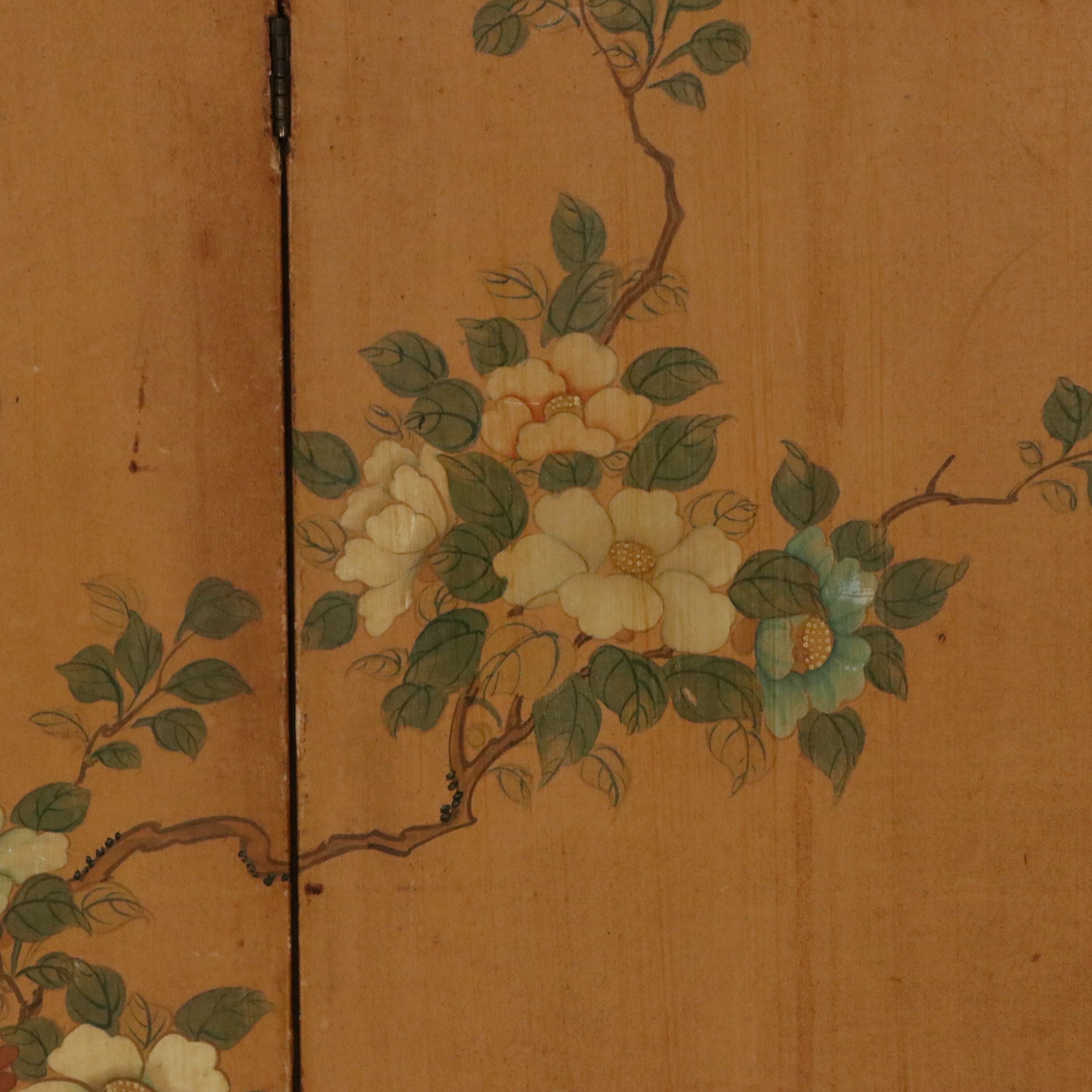 Chinese Four-Panel Painted Bird and Flower Screen, 20th Century