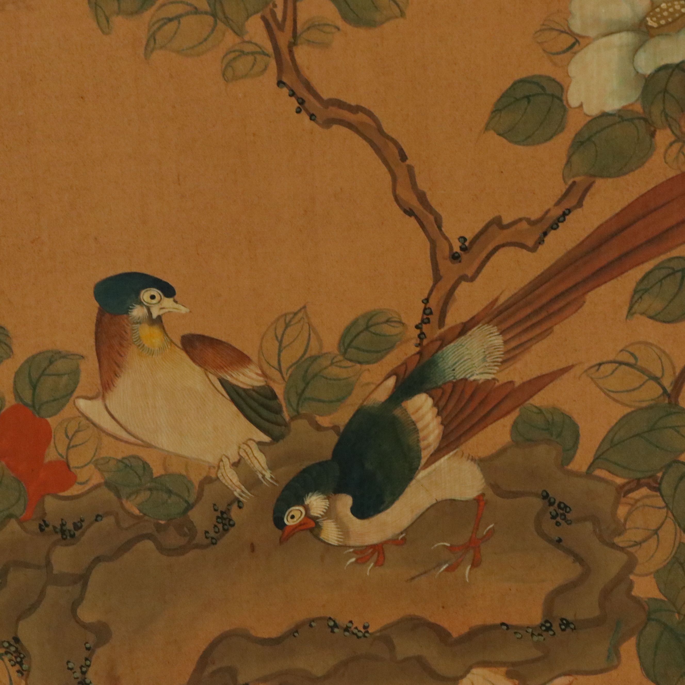 Chinese Four-Panel Painted Bird and Flower Screen, 20th Century