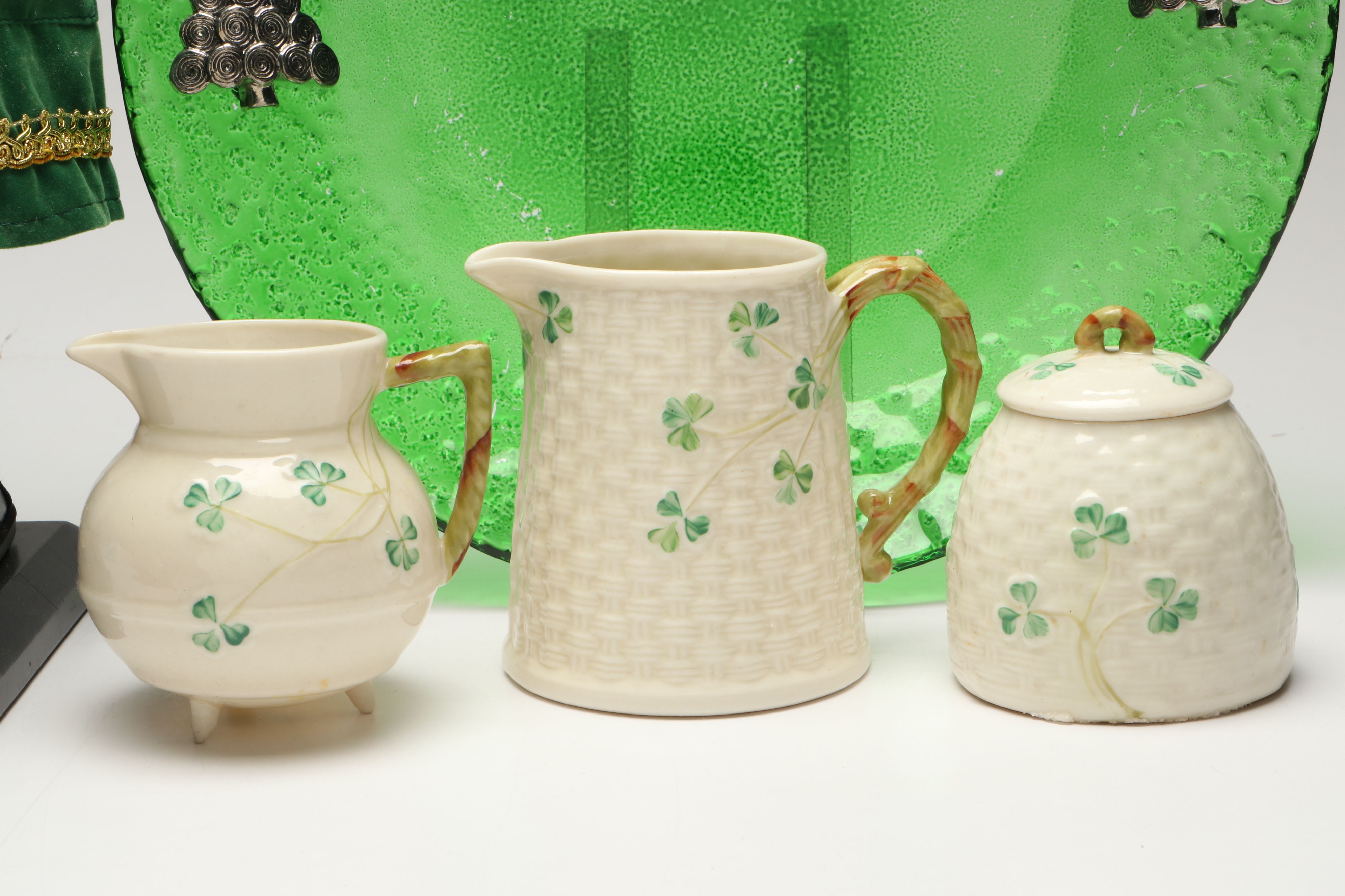 Belleek "Shamrock" Creamers and Sugar Bowl with Christmas and Irish Themed Décor