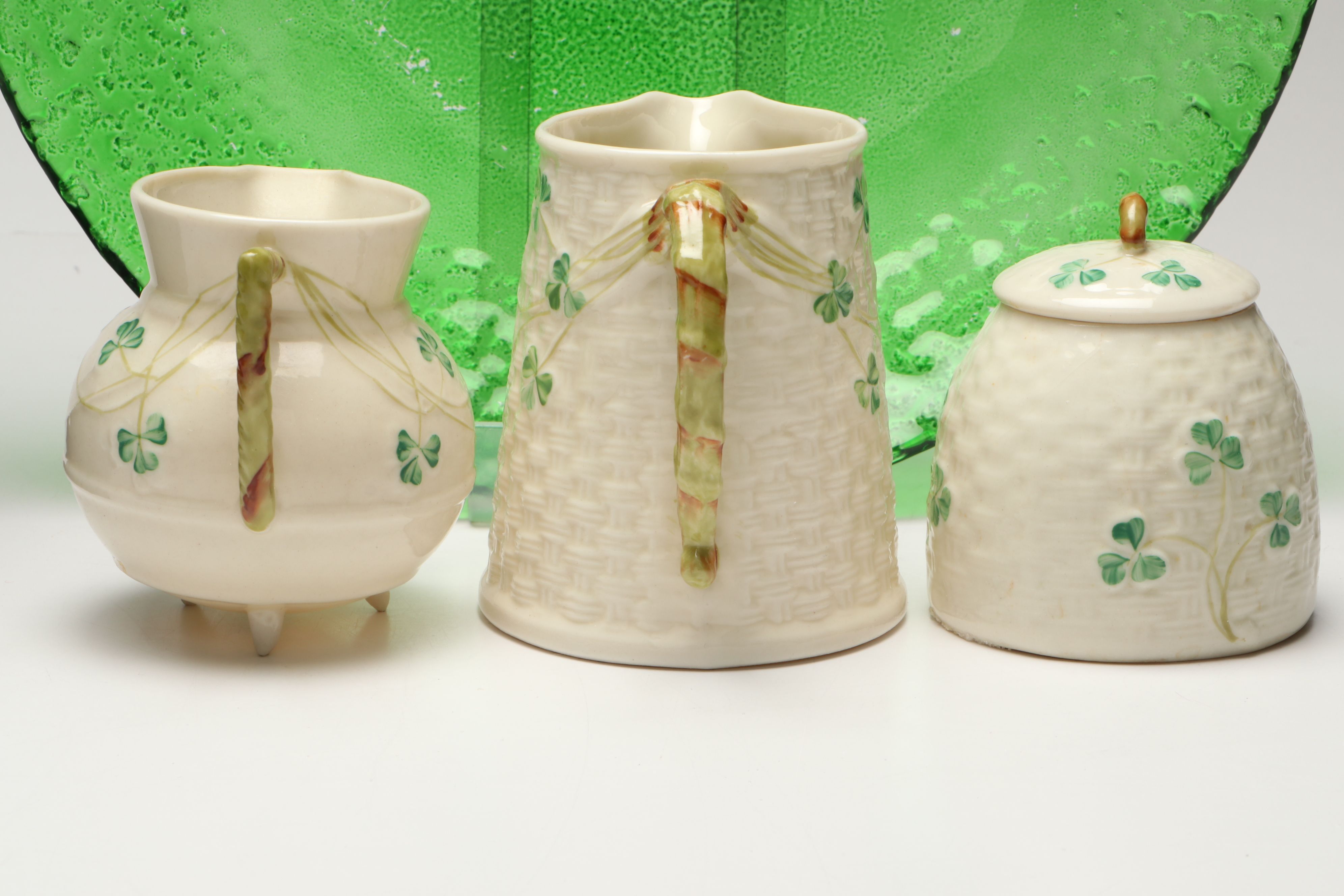 Belleek "Shamrock" Creamers and Sugar Bowl with Christmas and Irish Themed Décor