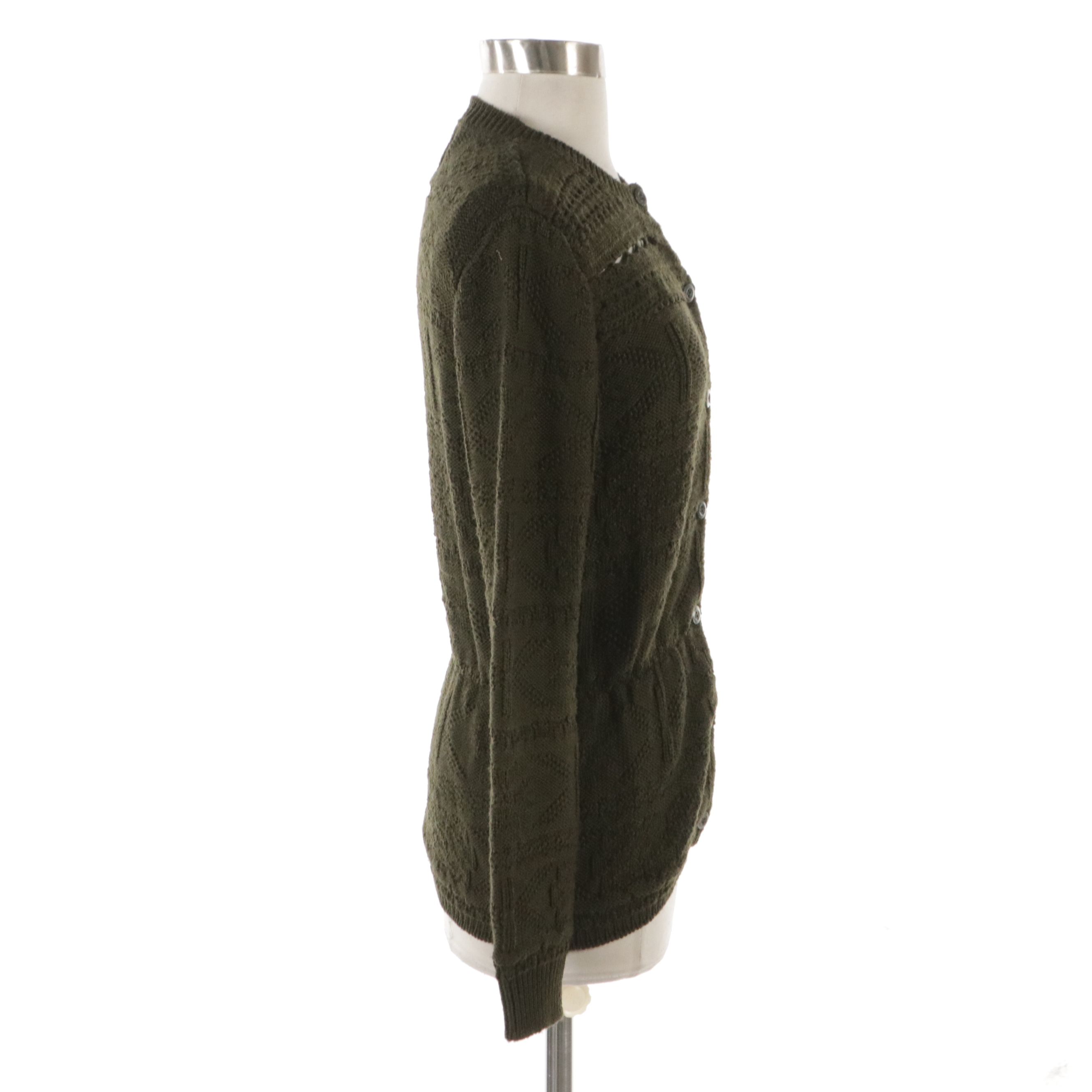Prada Cinched Waist Cardigan Sweater in Olive Green Knit Wool