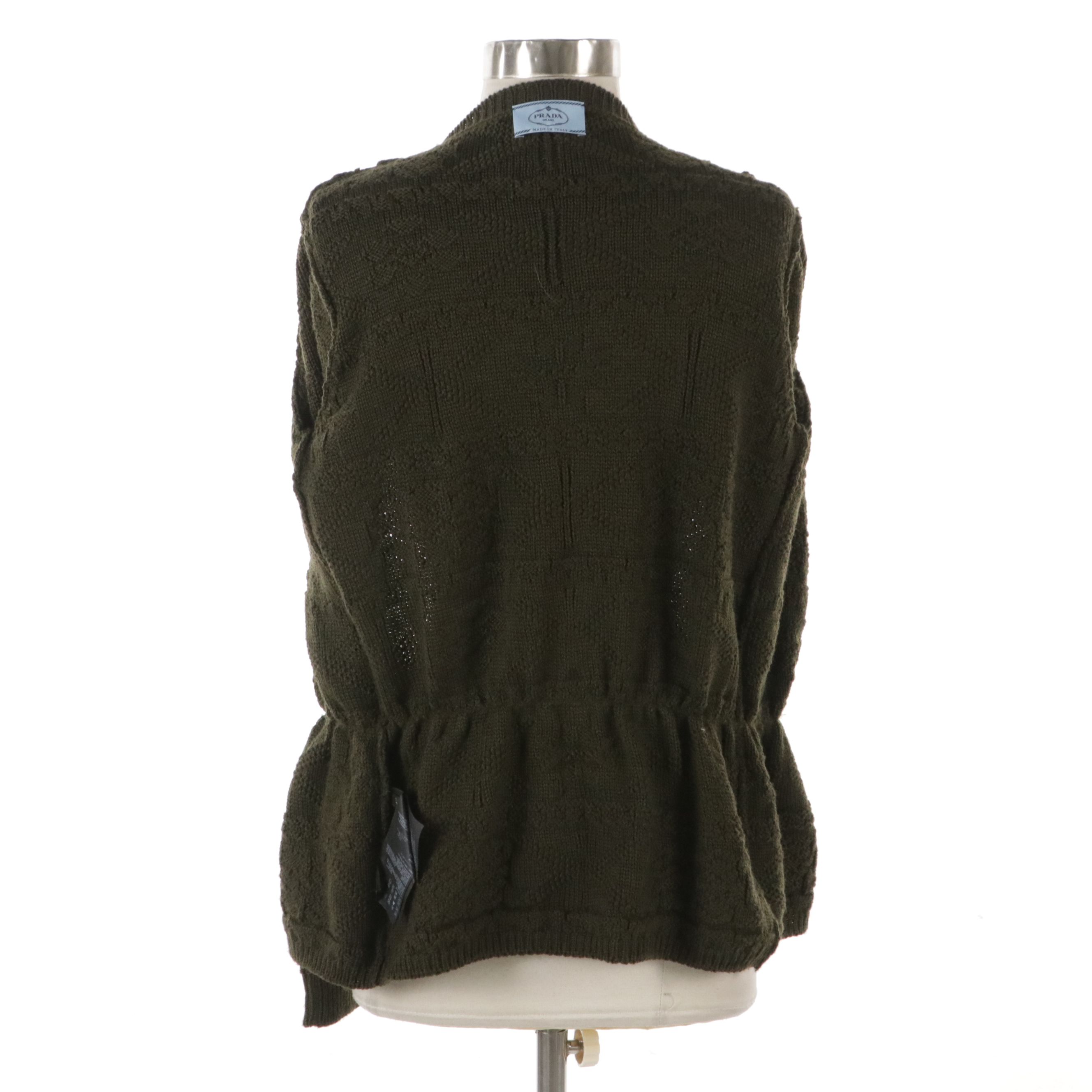 Prada Cinched Waist Cardigan Sweater in Olive Green Knit Wool