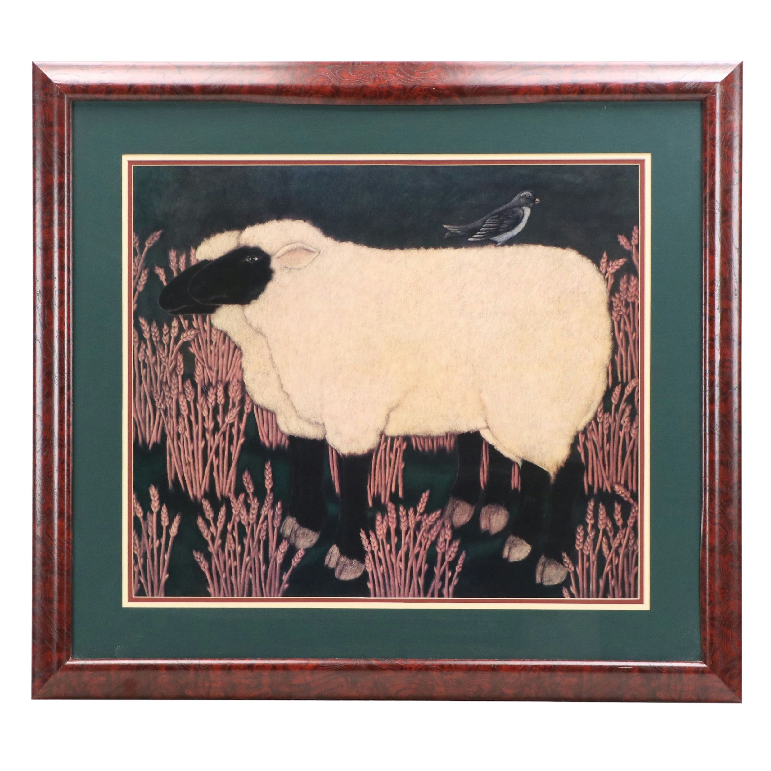 After Suzanne Ring Caplan Offset Lithograph "Black Face Sheep with Bird"
