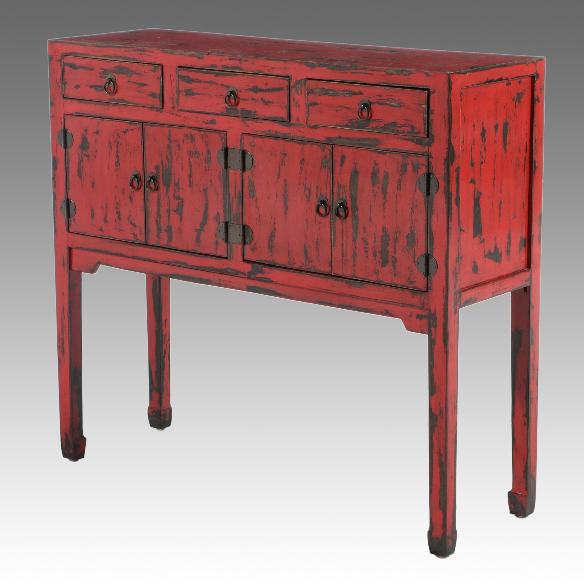Tibetan Distressed Red Lacquered Sideboard