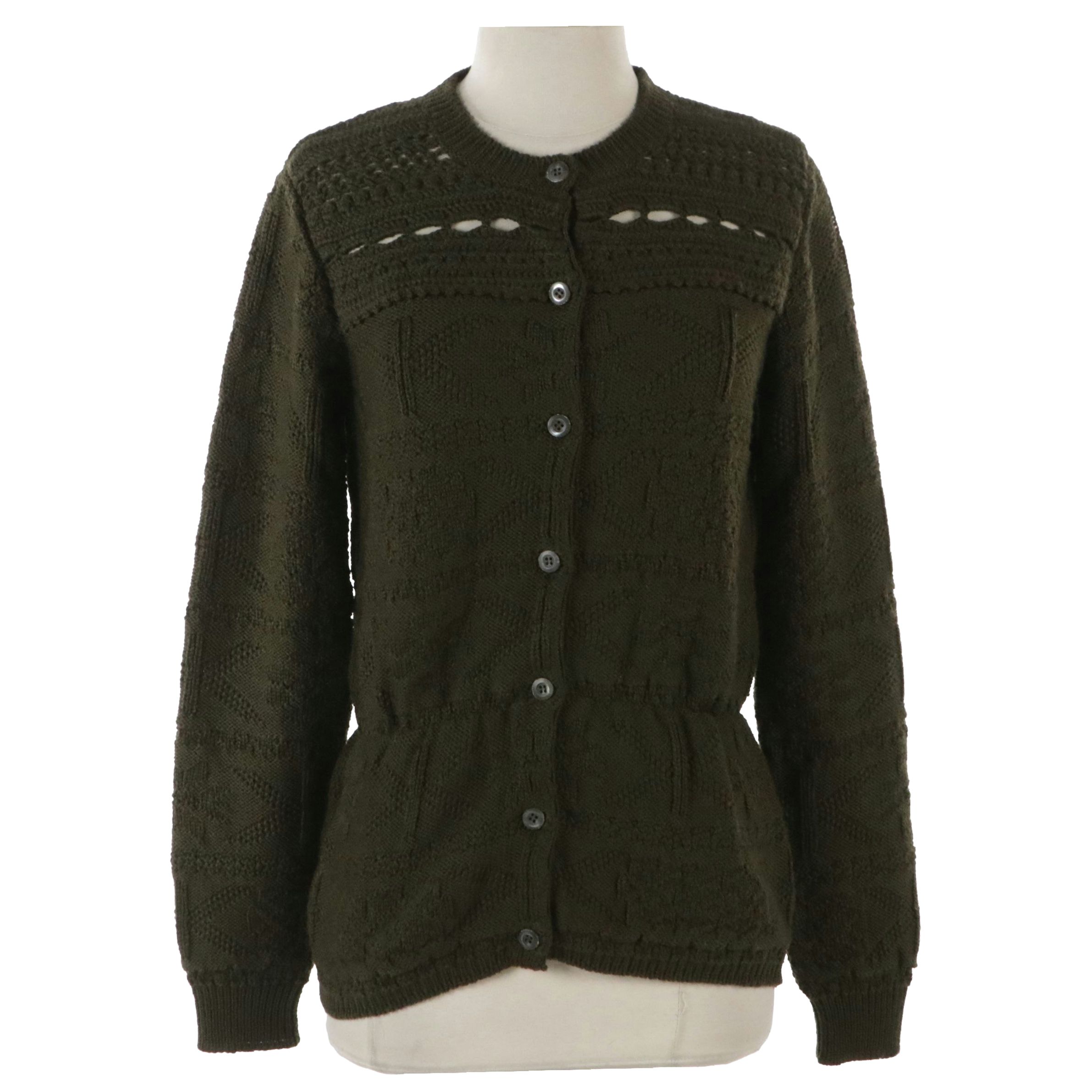 Prada Cinched Waist Cardigan Sweater in Olive Green Knit Wool