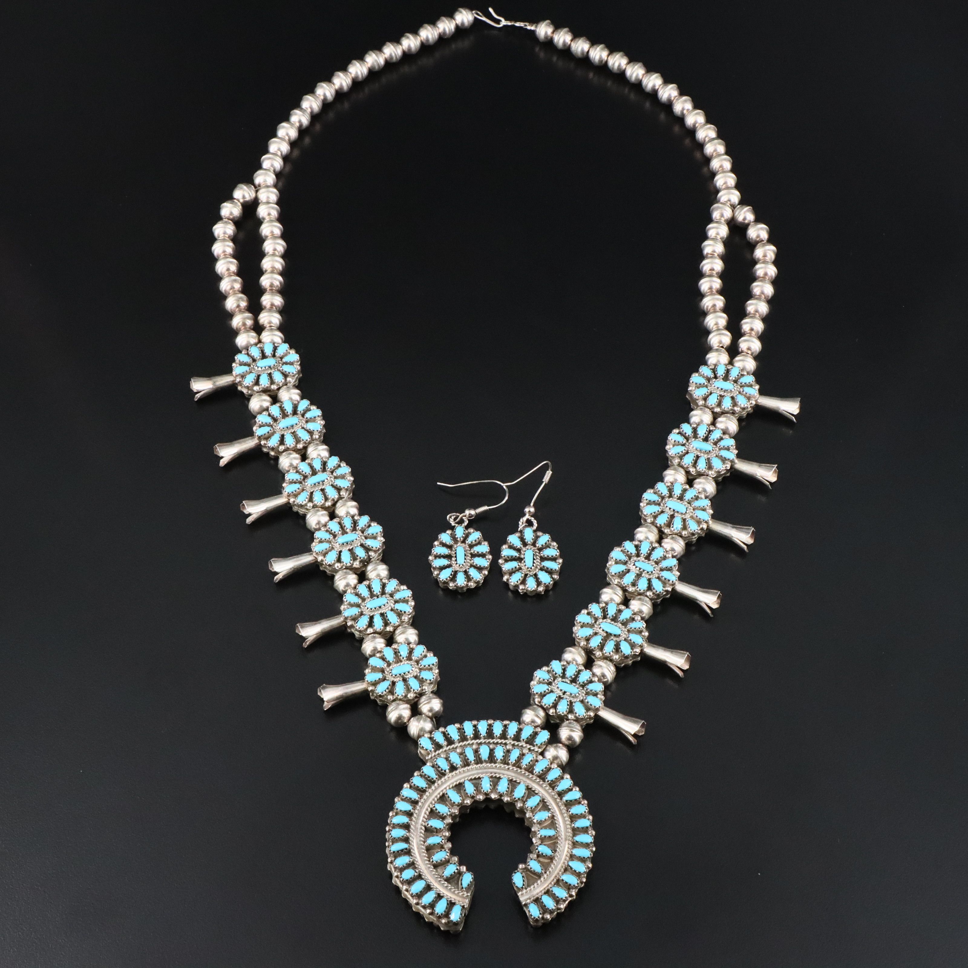 800 Silver Reversible Turquoise and Coral Earrings and Squash Blossom Necklace