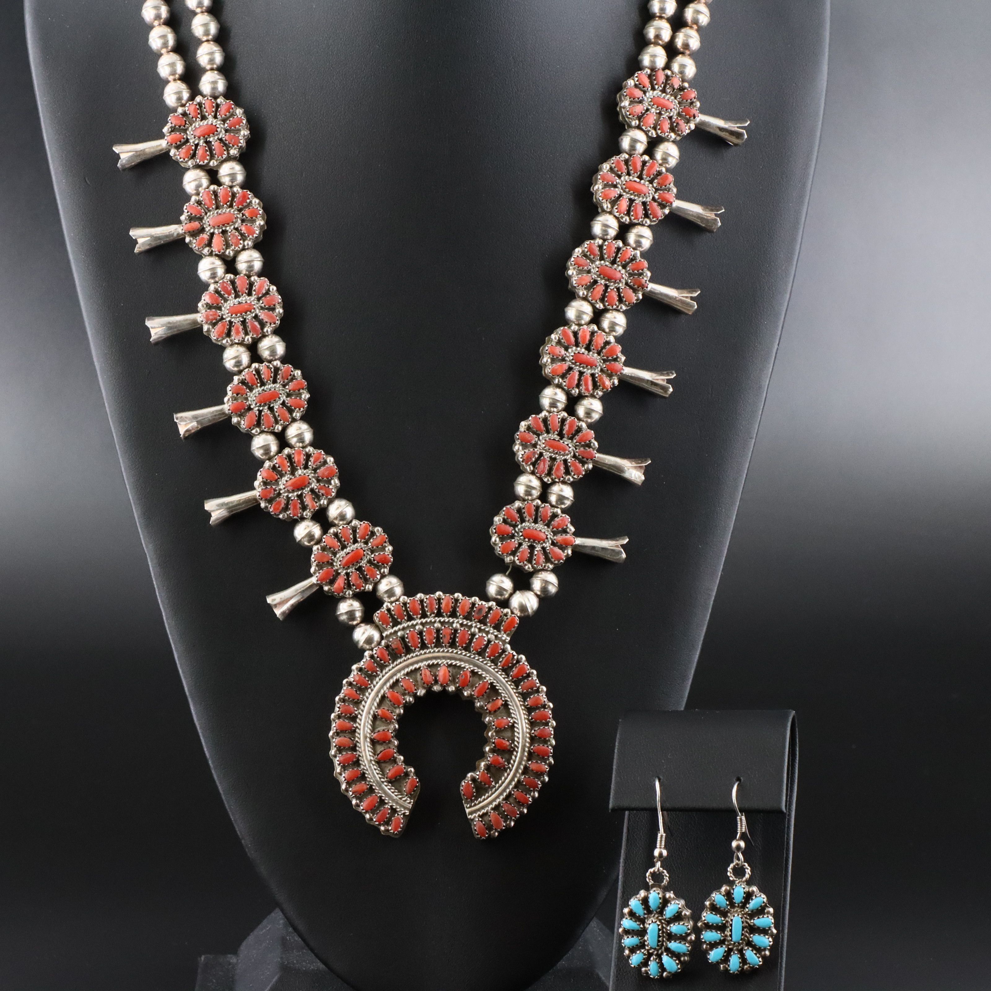 800 Silver Reversible Turquoise and Coral Earrings and Squash Blossom Necklace