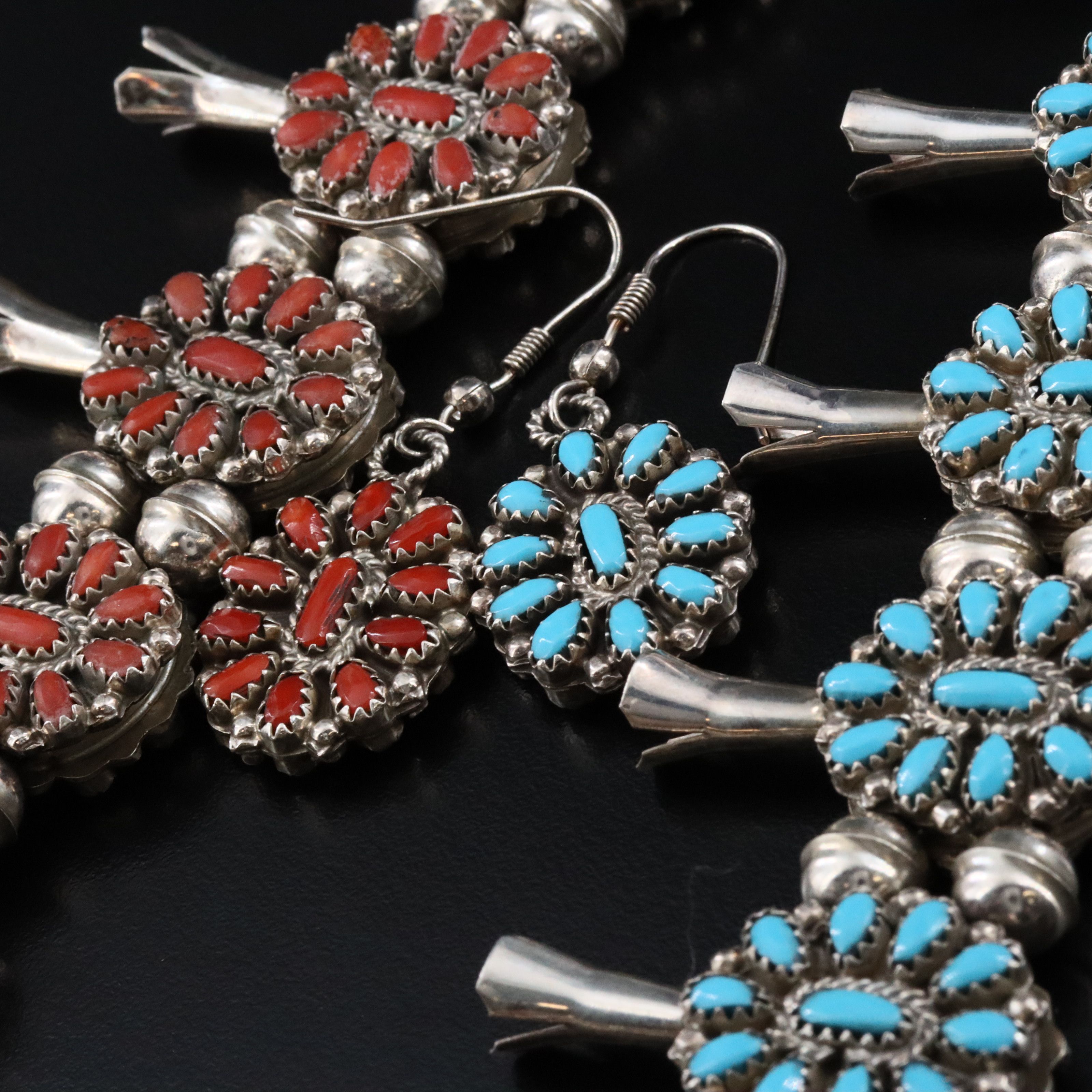 800 Silver Reversible Turquoise and Coral Earrings and Squash Blossom Necklace