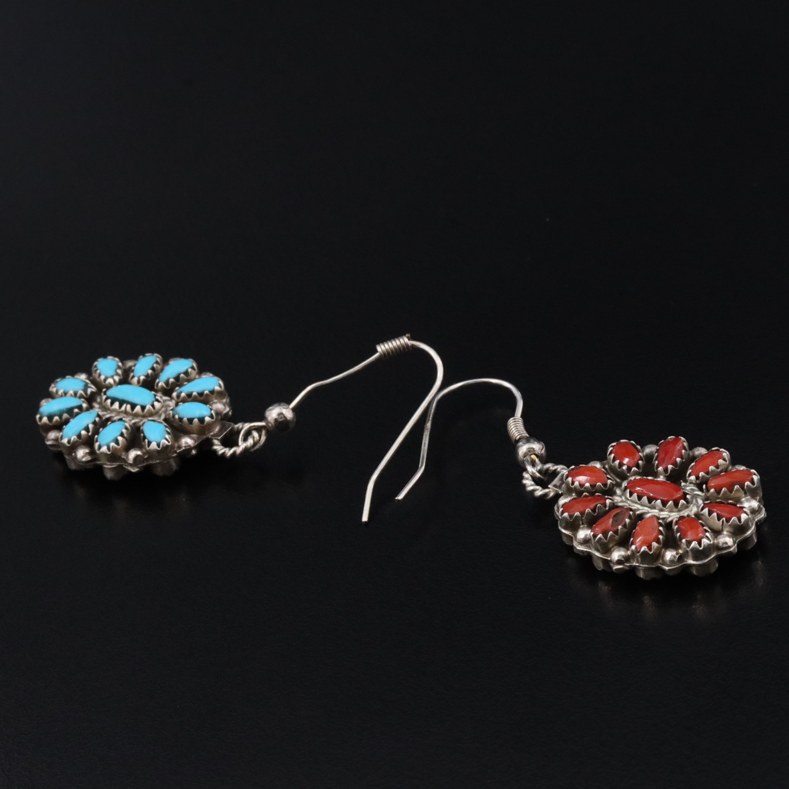 800 Silver Reversible Turquoise and Coral Earrings and Squash Blossom Necklace