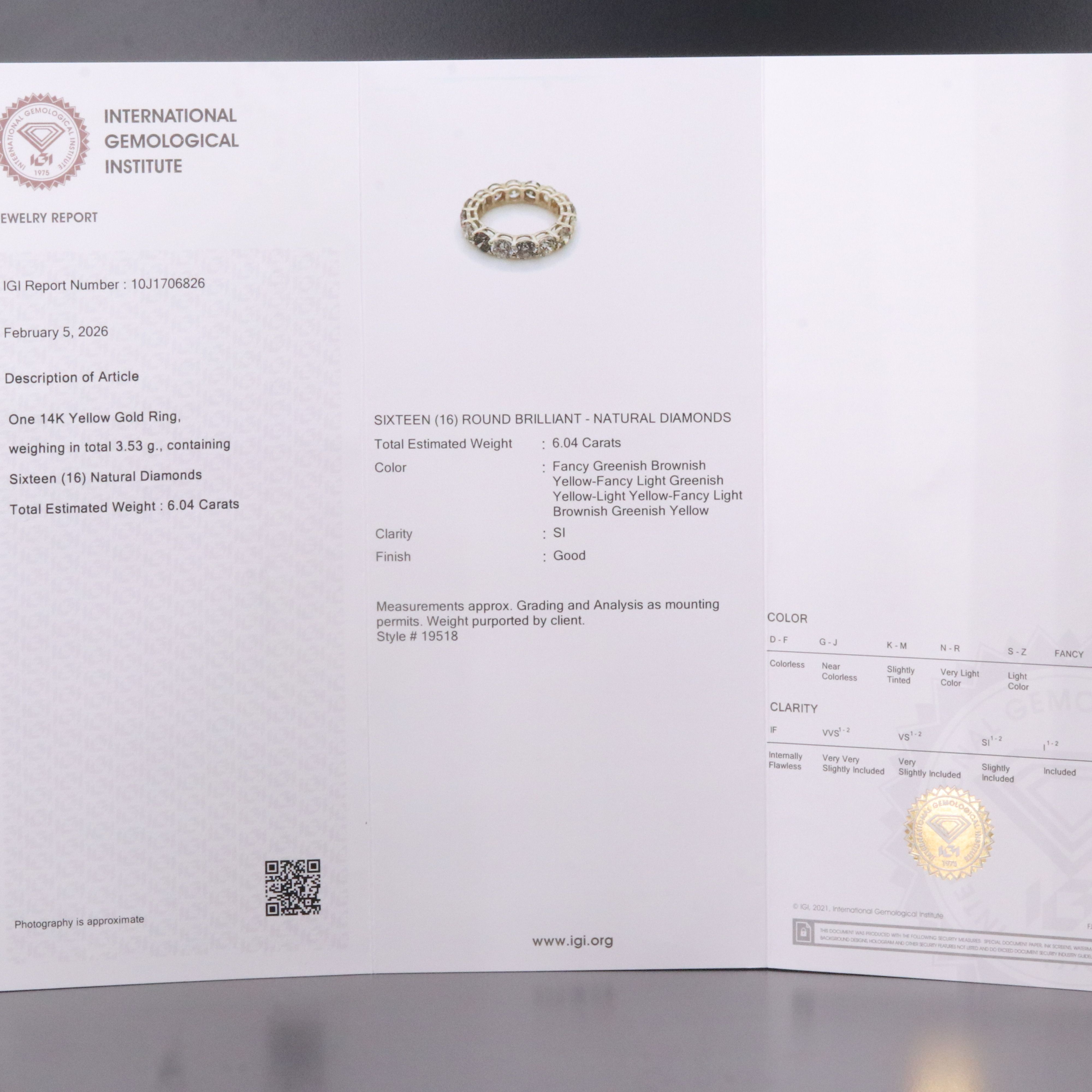 14K 6.04 CTW Diamond Eternity Band with IGI Jewelry Report Including Fancy Color