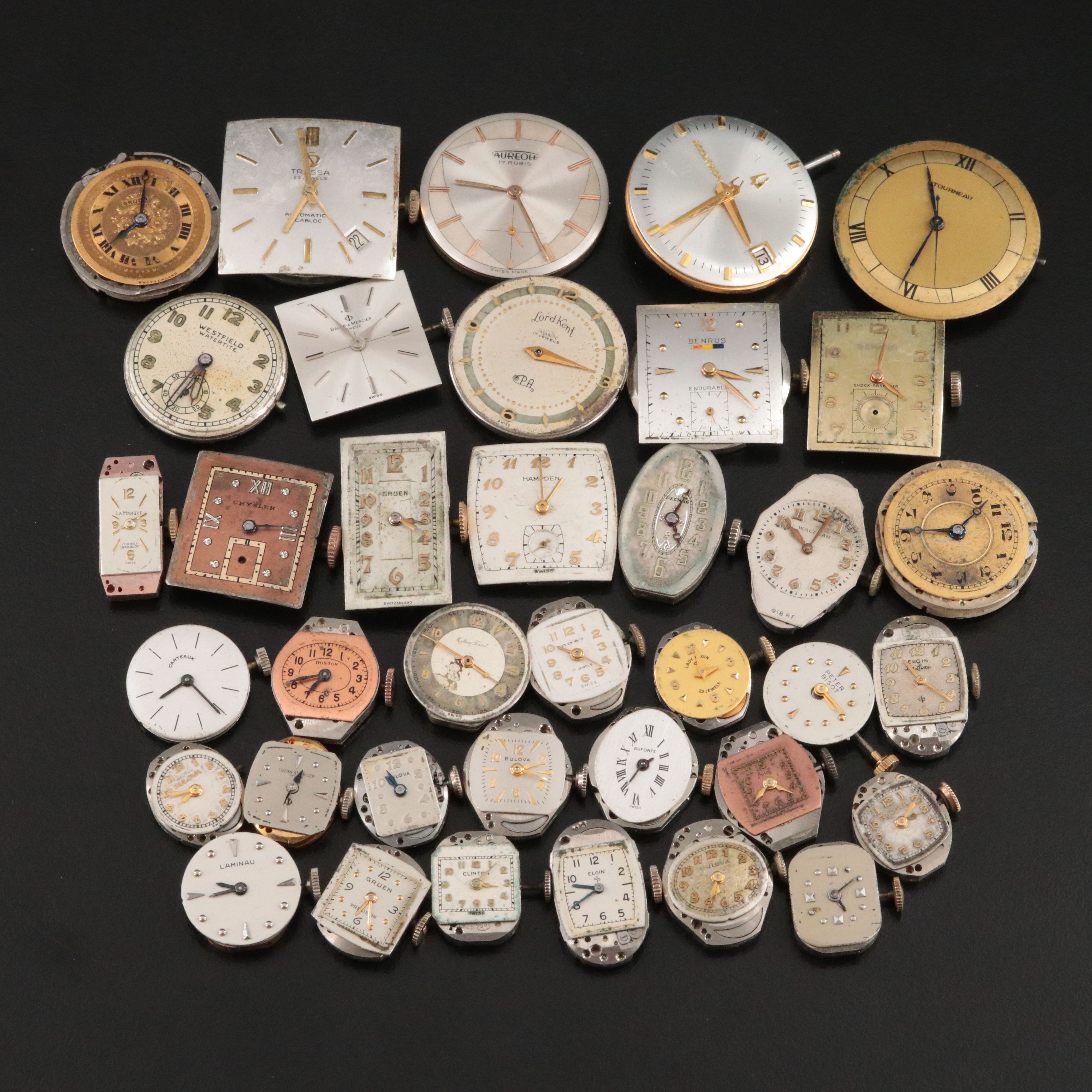 Collection of Stem Wind Watch Movements with Dials Including Tissot and Gruen