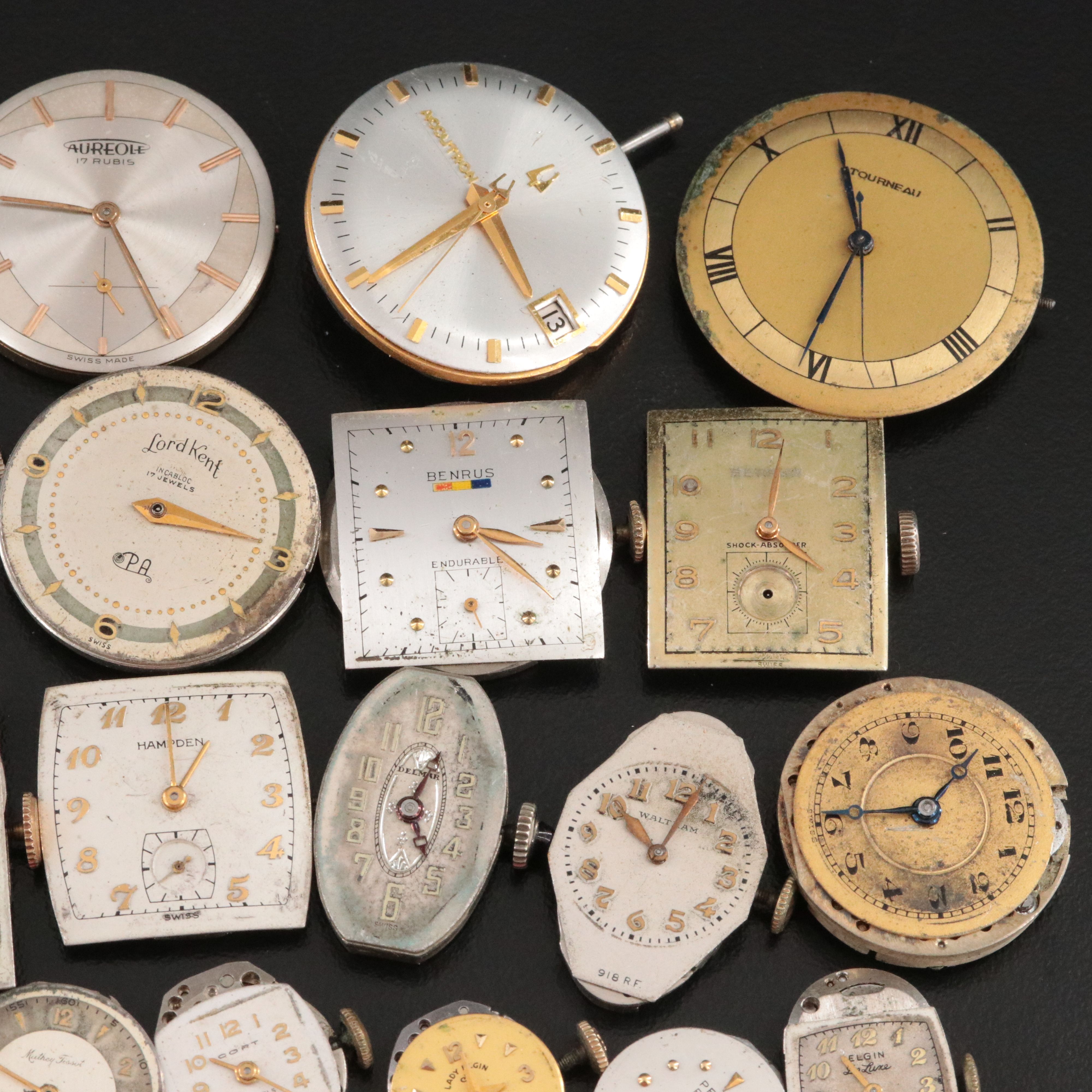 Collection of Stem Wind Watch Movements with Dials Including Tissot and Gruen
