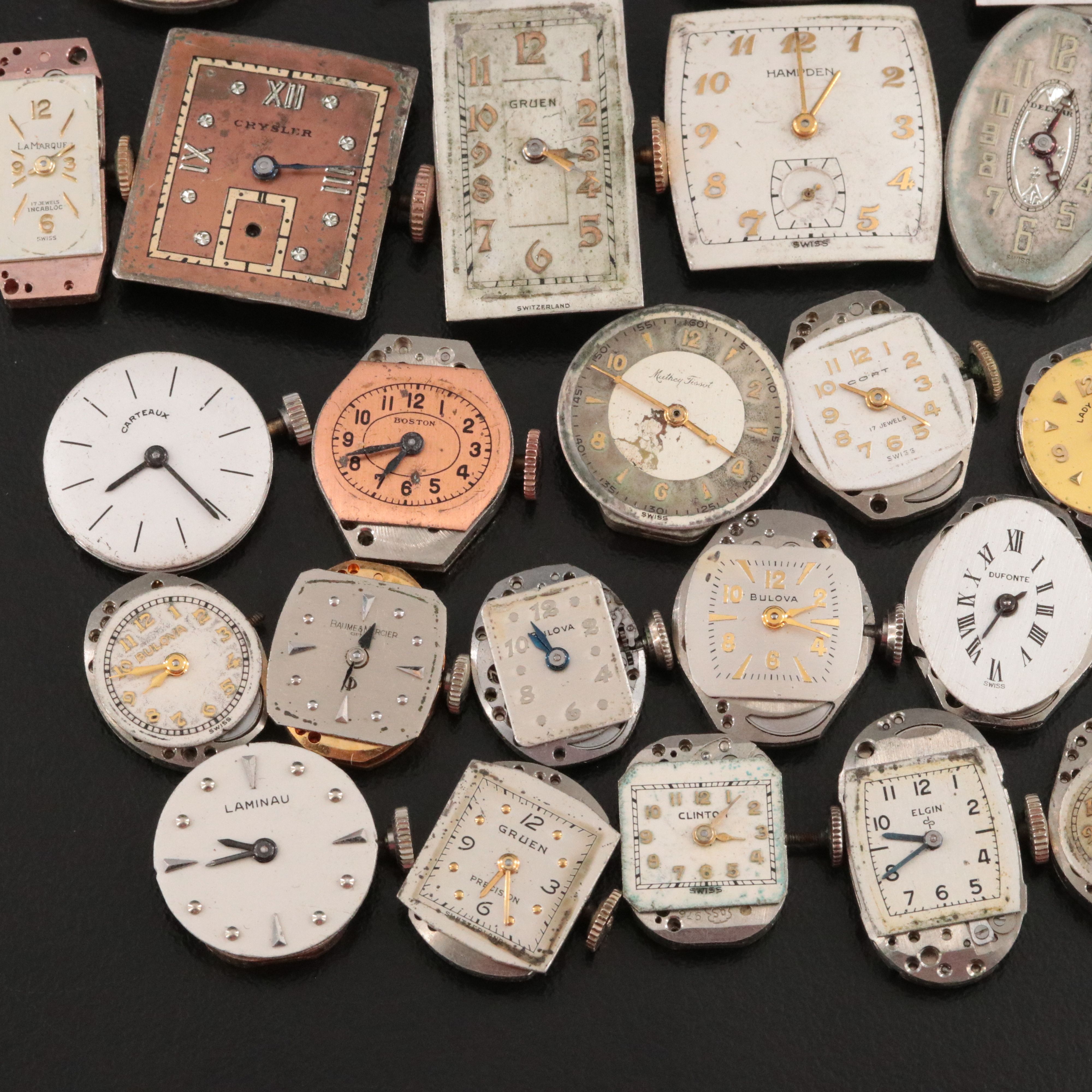 Collection of Stem Wind Watch Movements with Dials Including Tissot and Gruen