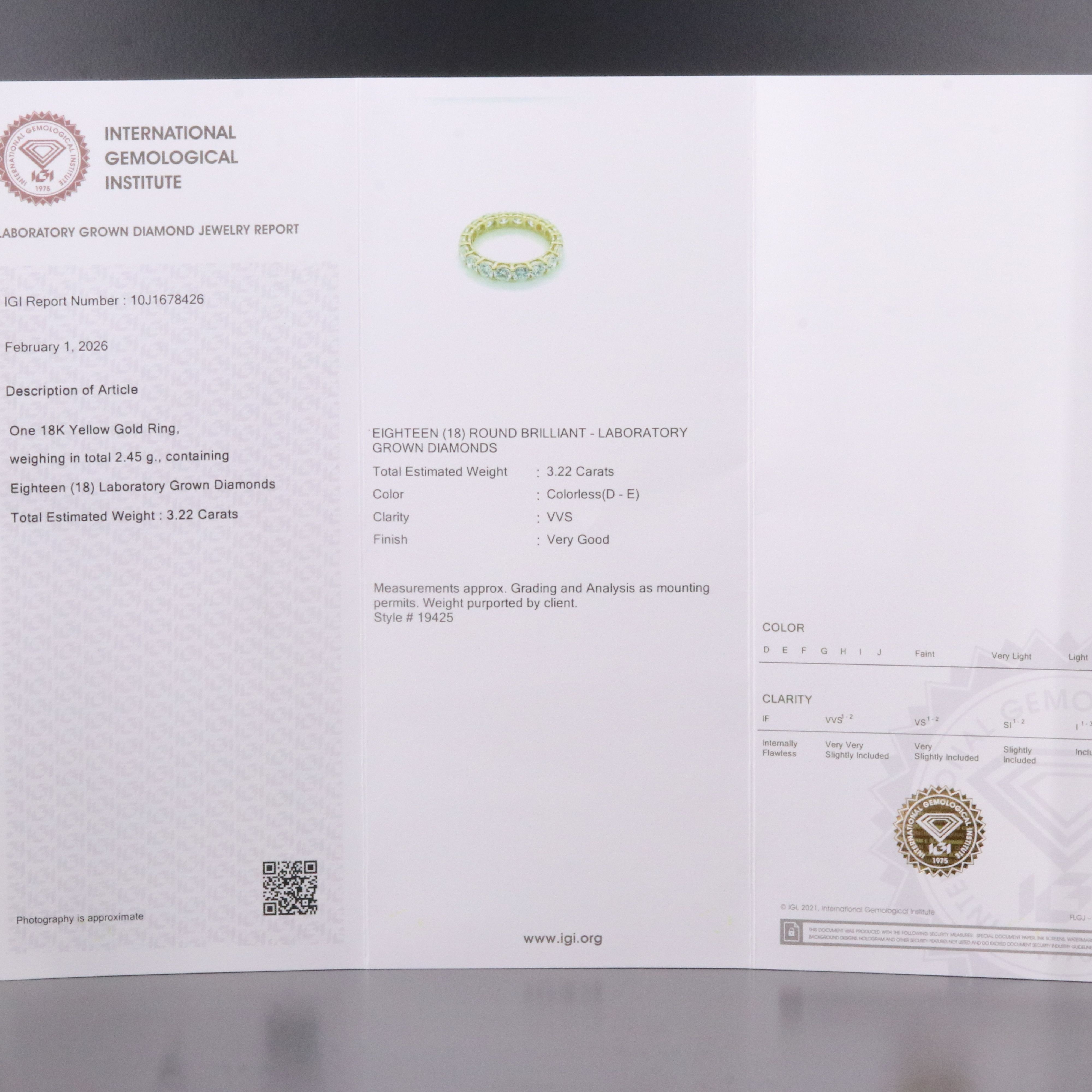 18K 3.22 CTW Lab Grown Diamond Eternity Band with IGI Jewelry Report