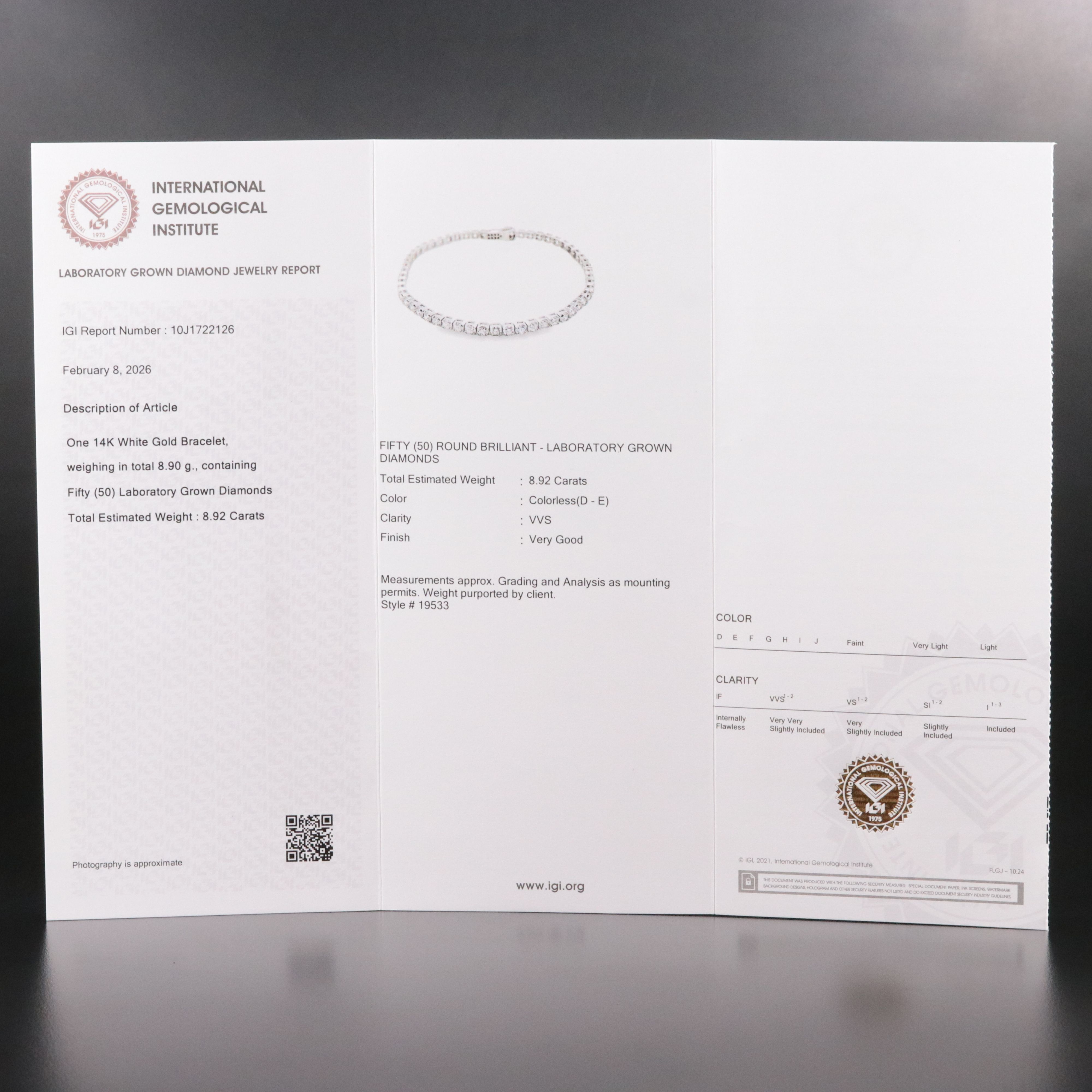 14K 8.92 CTW Lab Grown Diamond Line Bracelet with IGI Jewelry Report