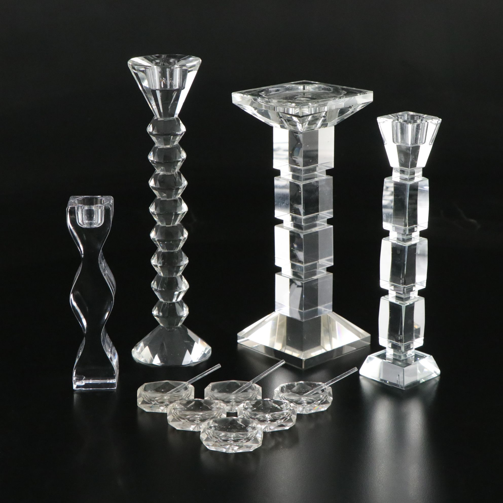 Beveled and Geometric Cut Crystal Candlesticks with Salt Cellars