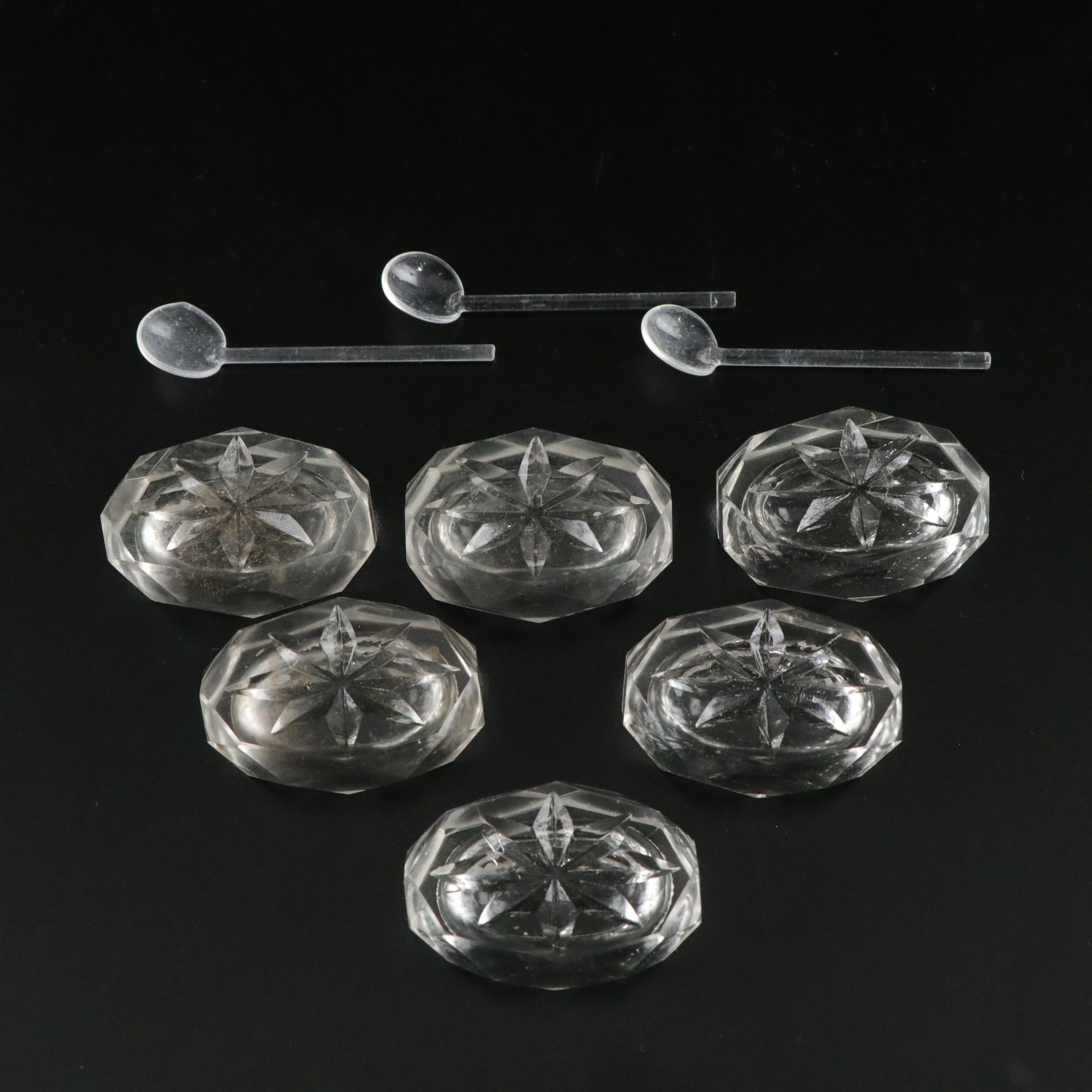 Beveled and Geometric Cut Crystal Candlesticks with Salt Cellars