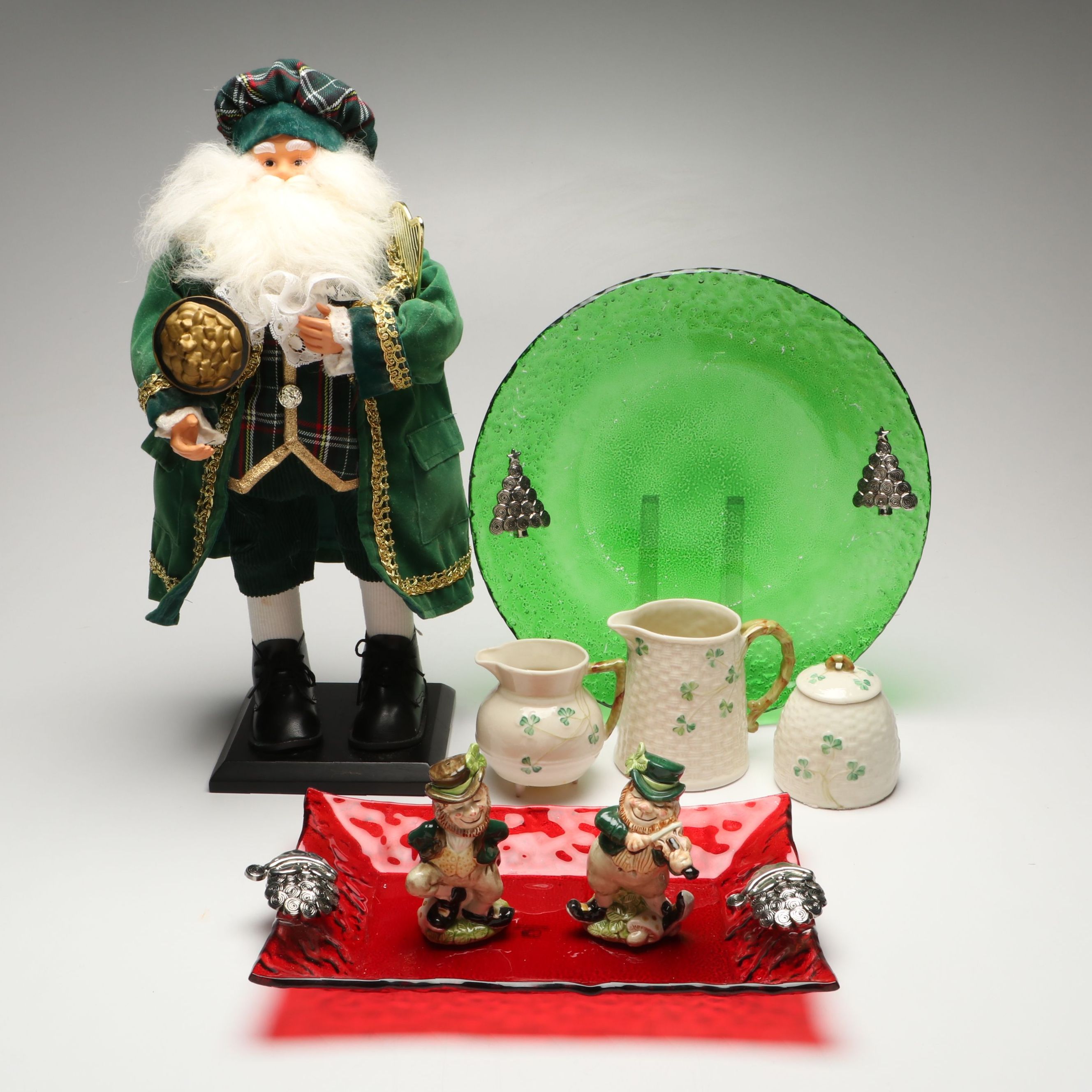 Belleek "Shamrock" Creamers and Sugar Bowl with Christmas and Irish Themed Décor