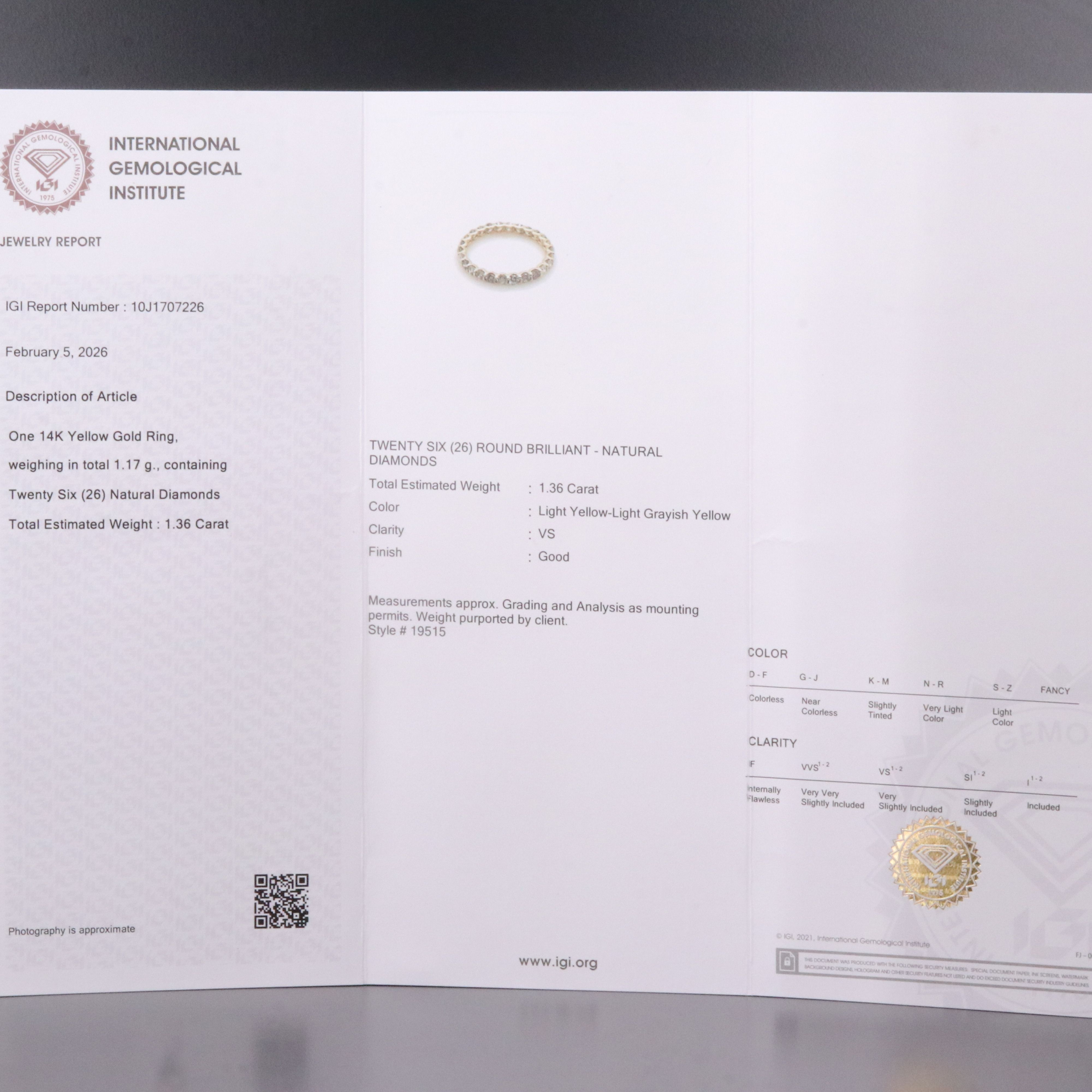 14K 1.36 CTW Diamond Eternity Band with IGI Jewelry Report