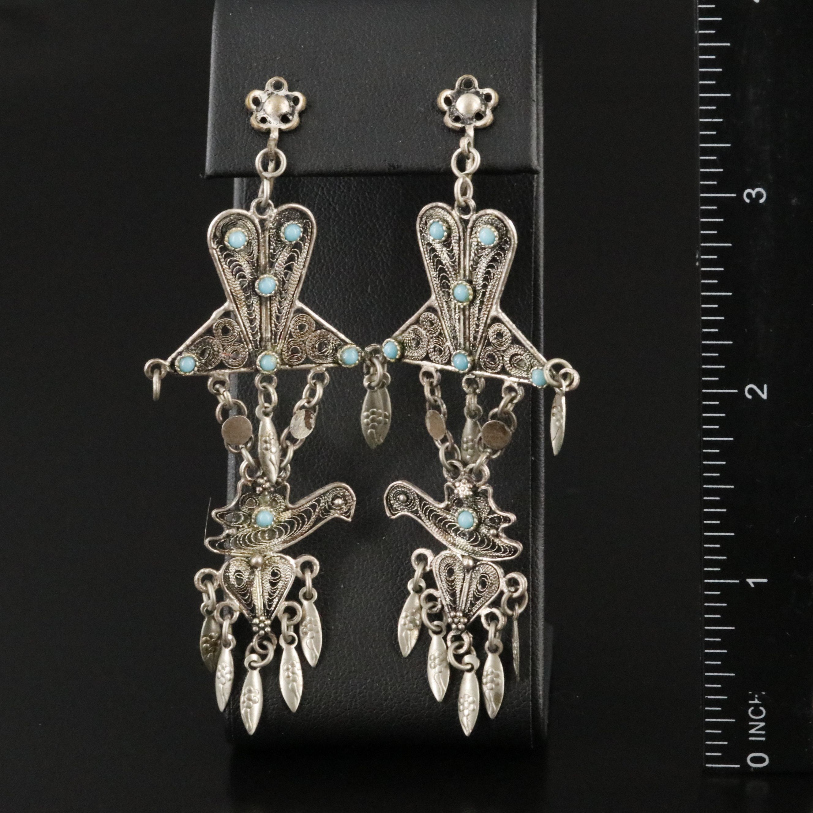 800 Silver Filigree Turquosie Dangle Earrings