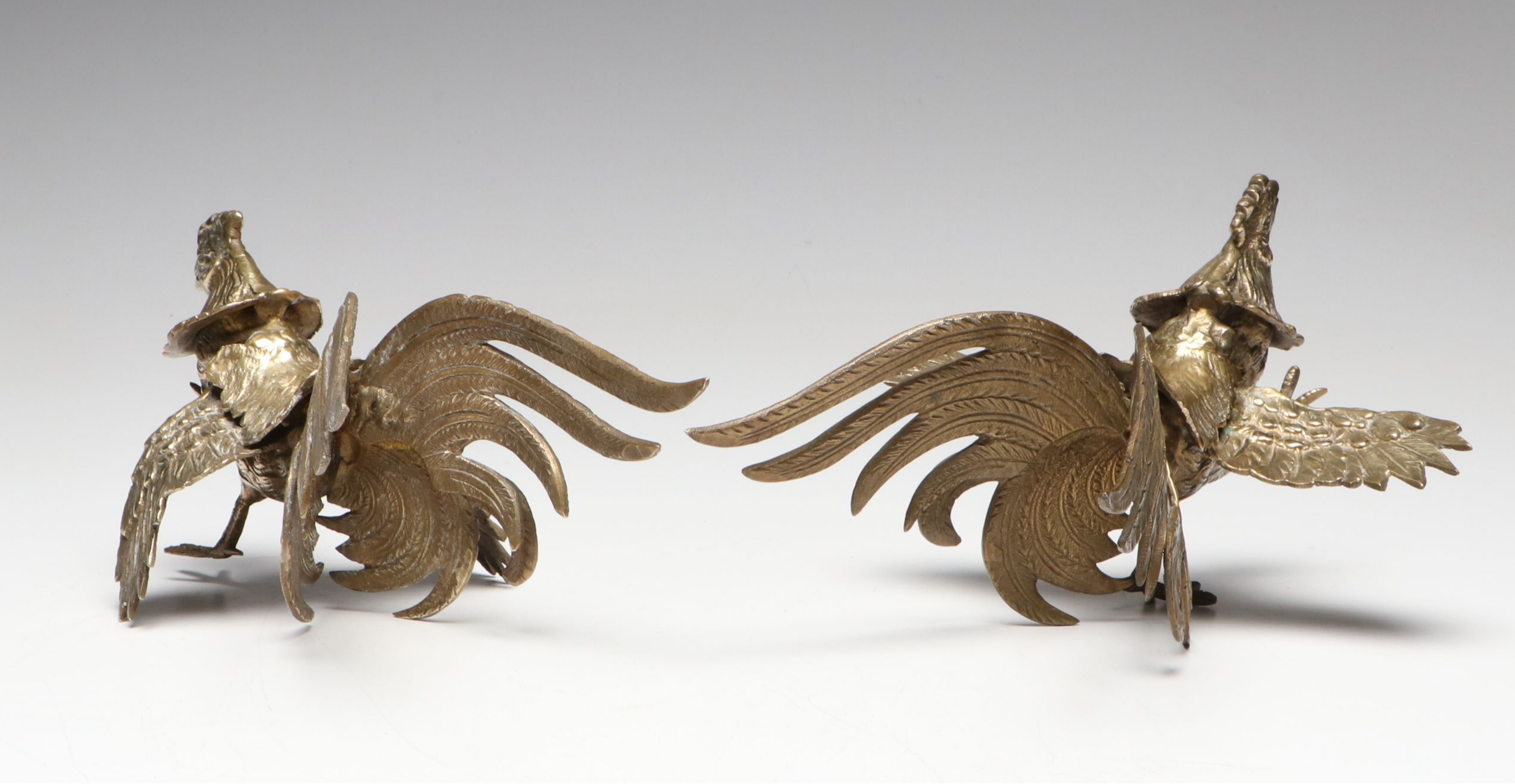 Pair of Japanese Brass Fighting Rooster Figurines