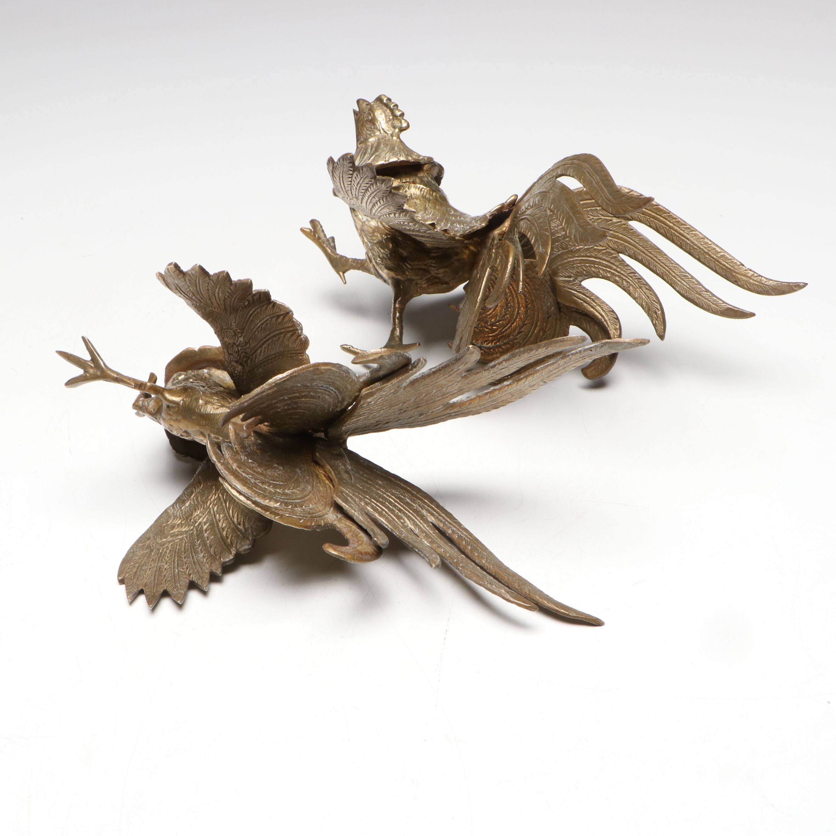 Pair of Japanese Brass Fighting Rooster Figurines