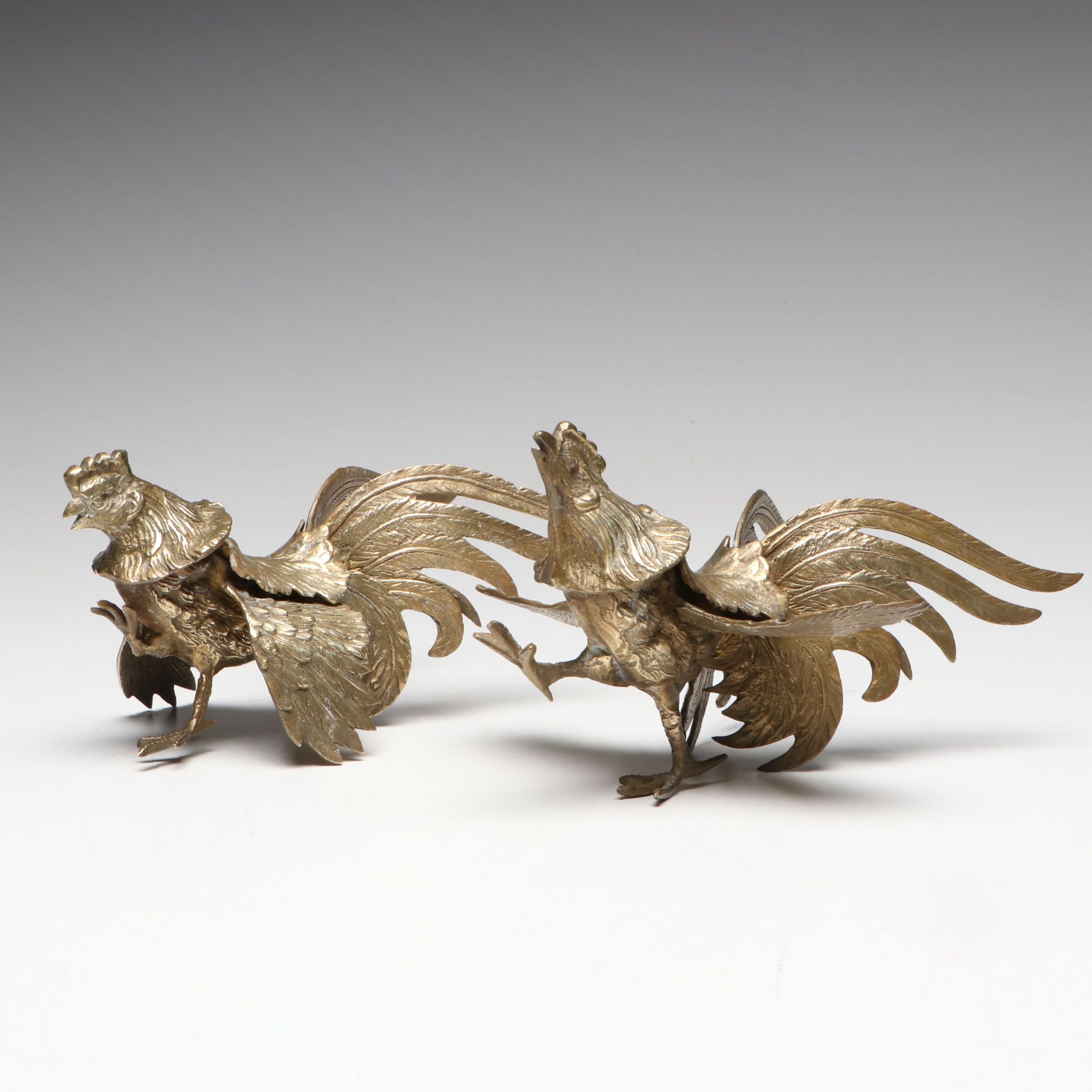 Pair of Japanese Brass Fighting Rooster Figurines