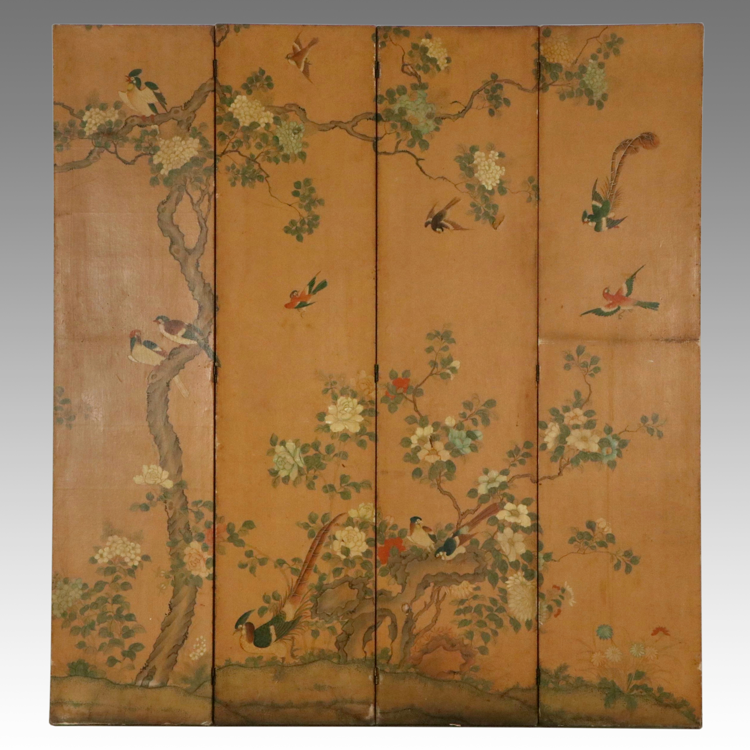 Chinese Four-Panel Painted Bird and Flower Screen, 20th Century
