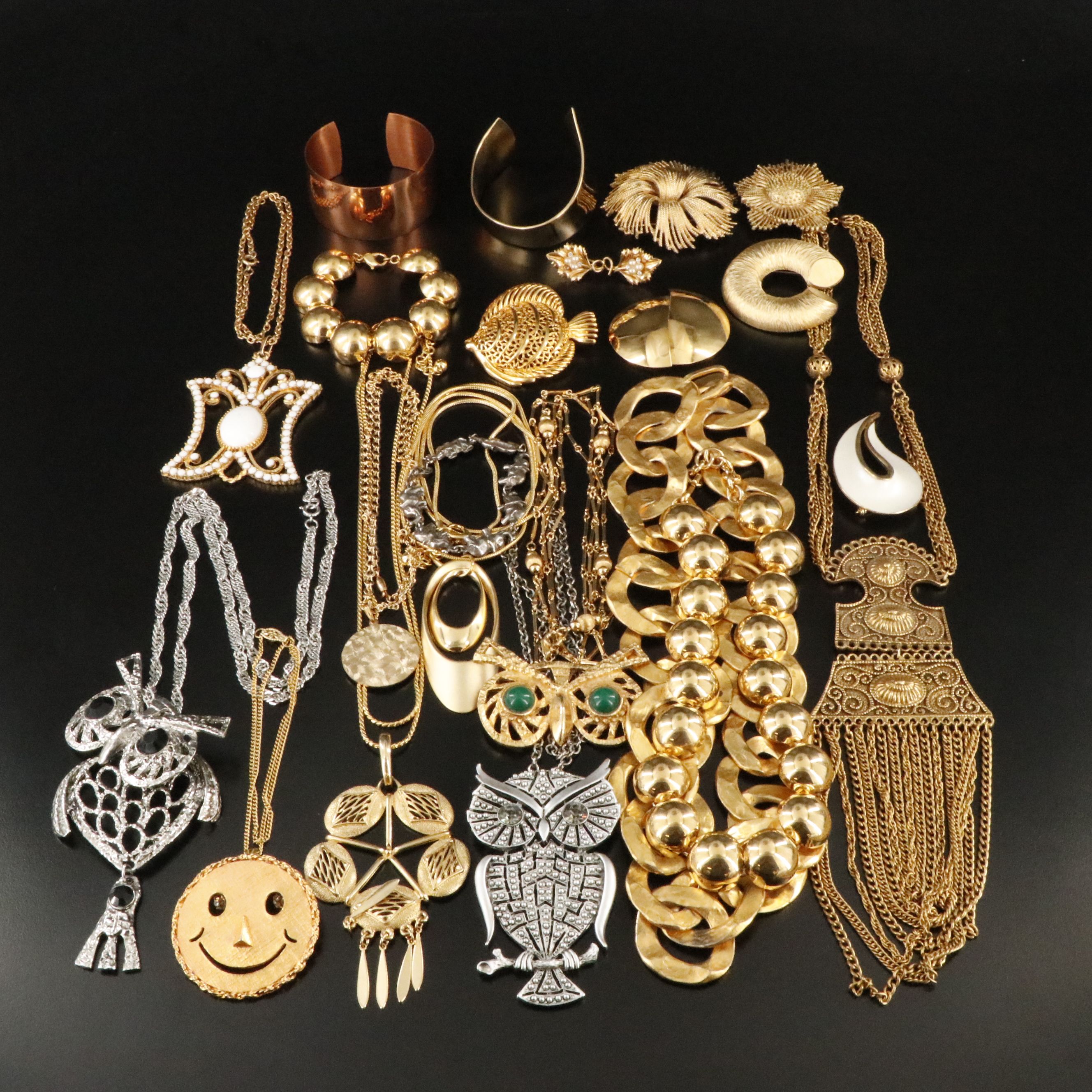 1970s Jewelry Collection Featuring Owls, Faux Pearl, and Rhinestone