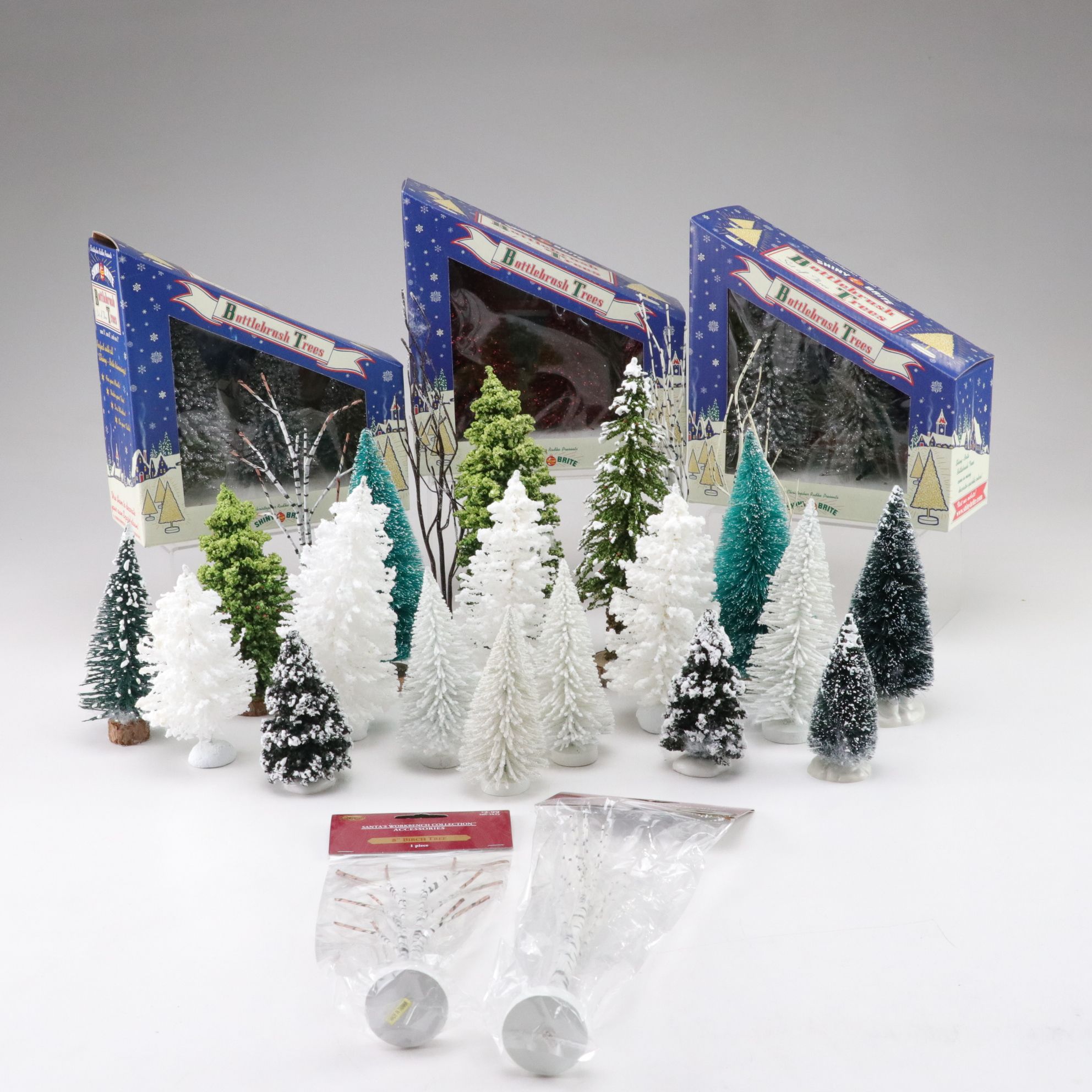 Shiny-Brite Bottle Brush Glitter Christmas Trees with More Birch Trees & Decor