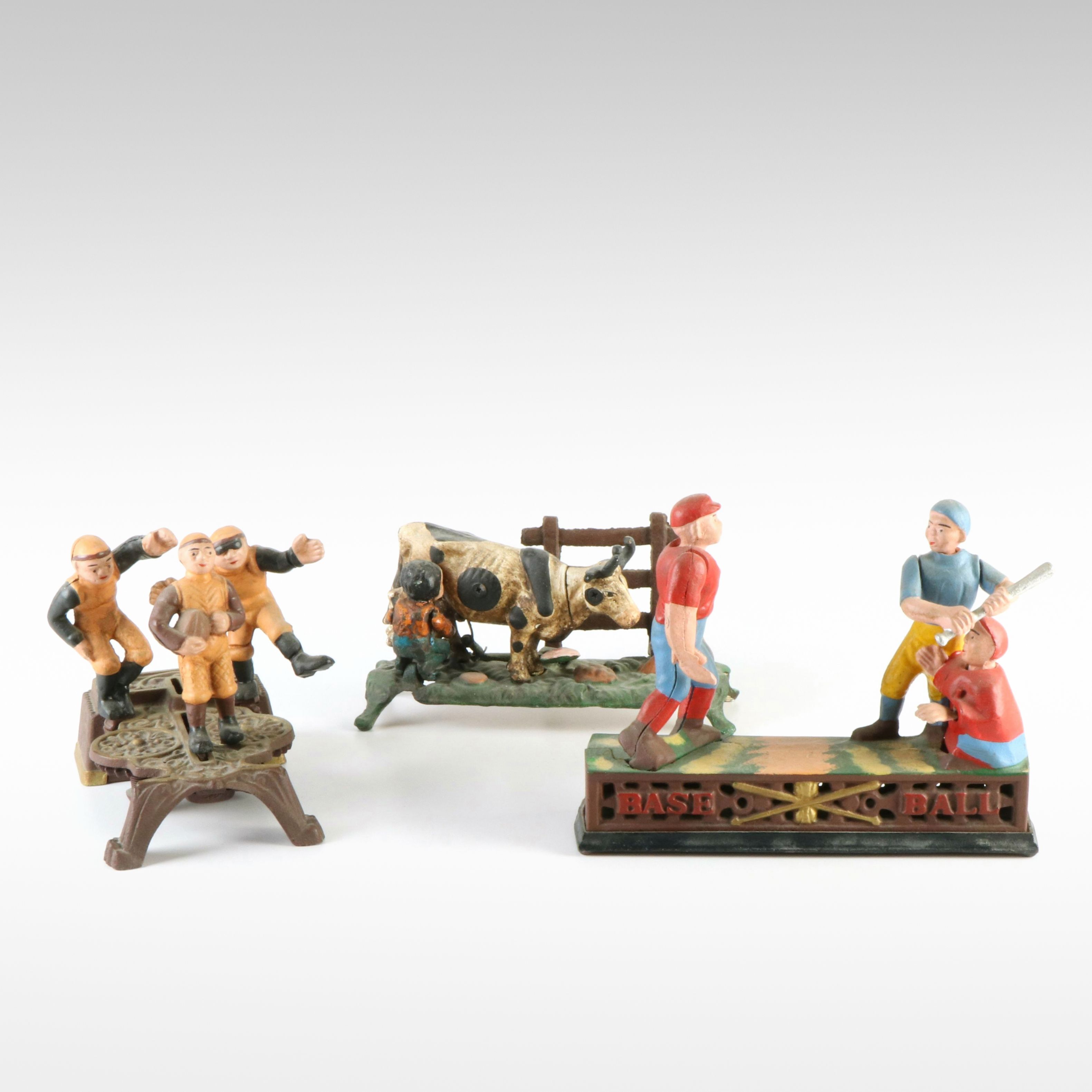 Three Vintage Cast Iron Mechanized Banks, Baseball, Football, Farm