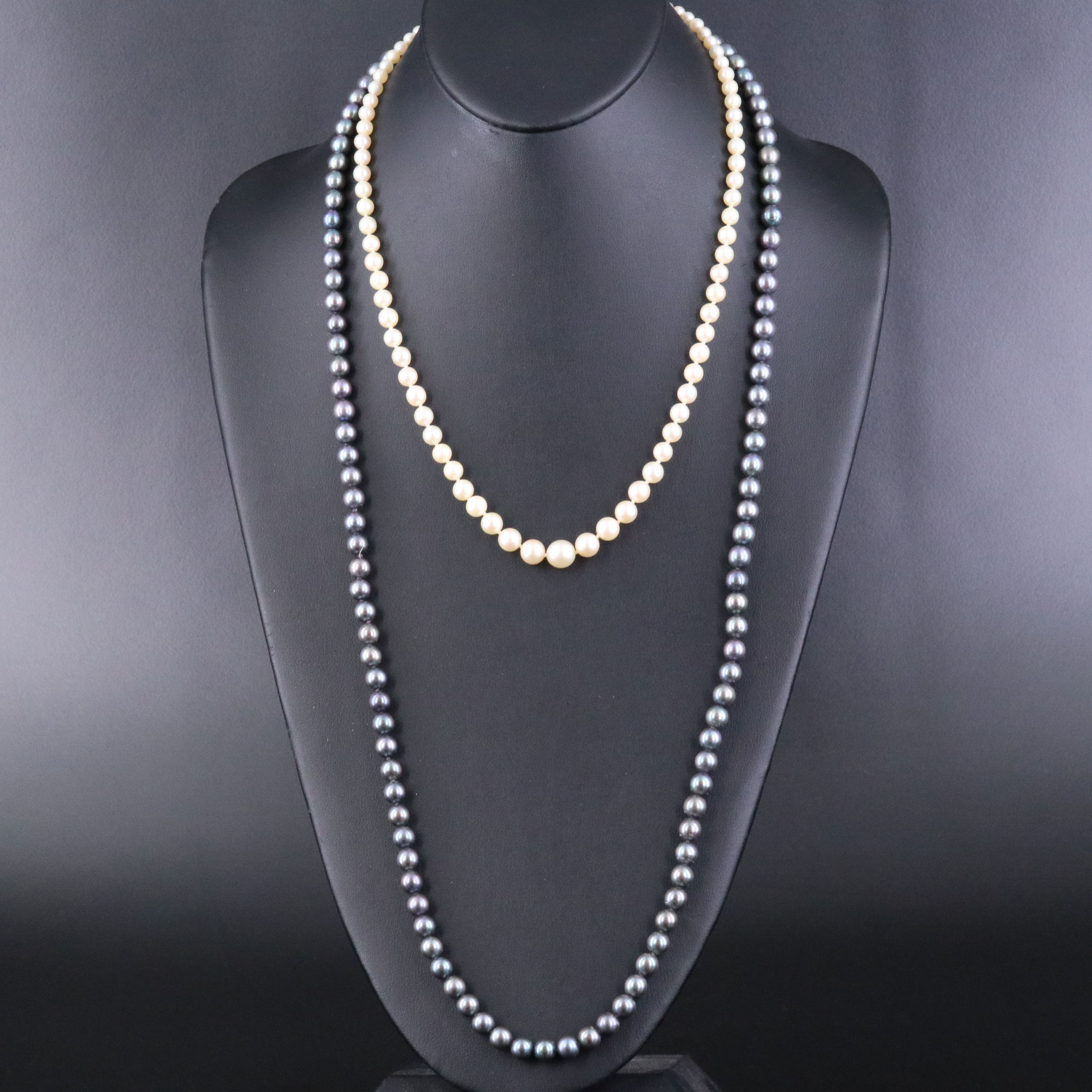 Graduated Pearl Necklace with Platinum Diamond Clasp and Endless Pearl Necklace