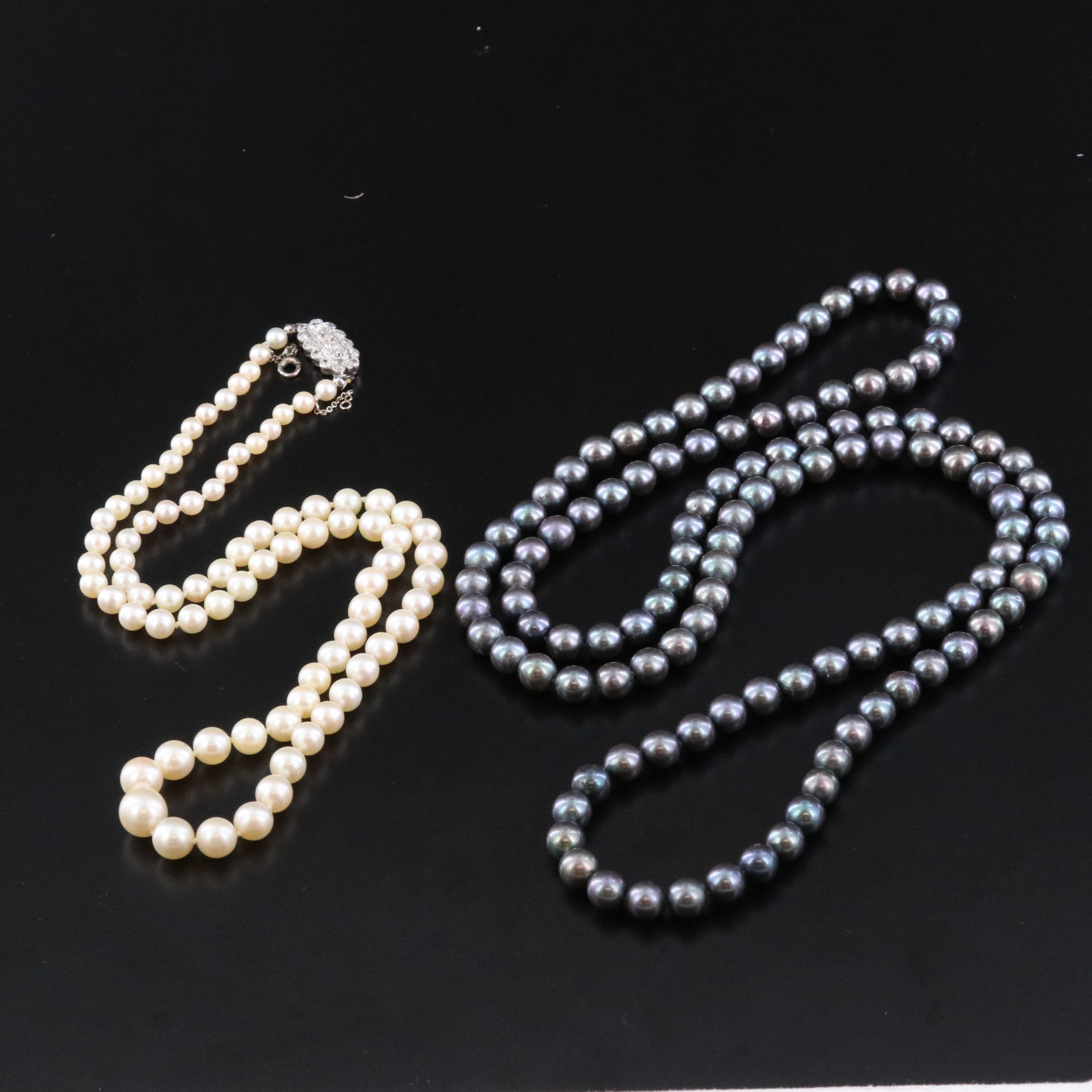 Graduated Pearl Necklace with Platinum Diamond Clasp and Endless Pearl Necklace