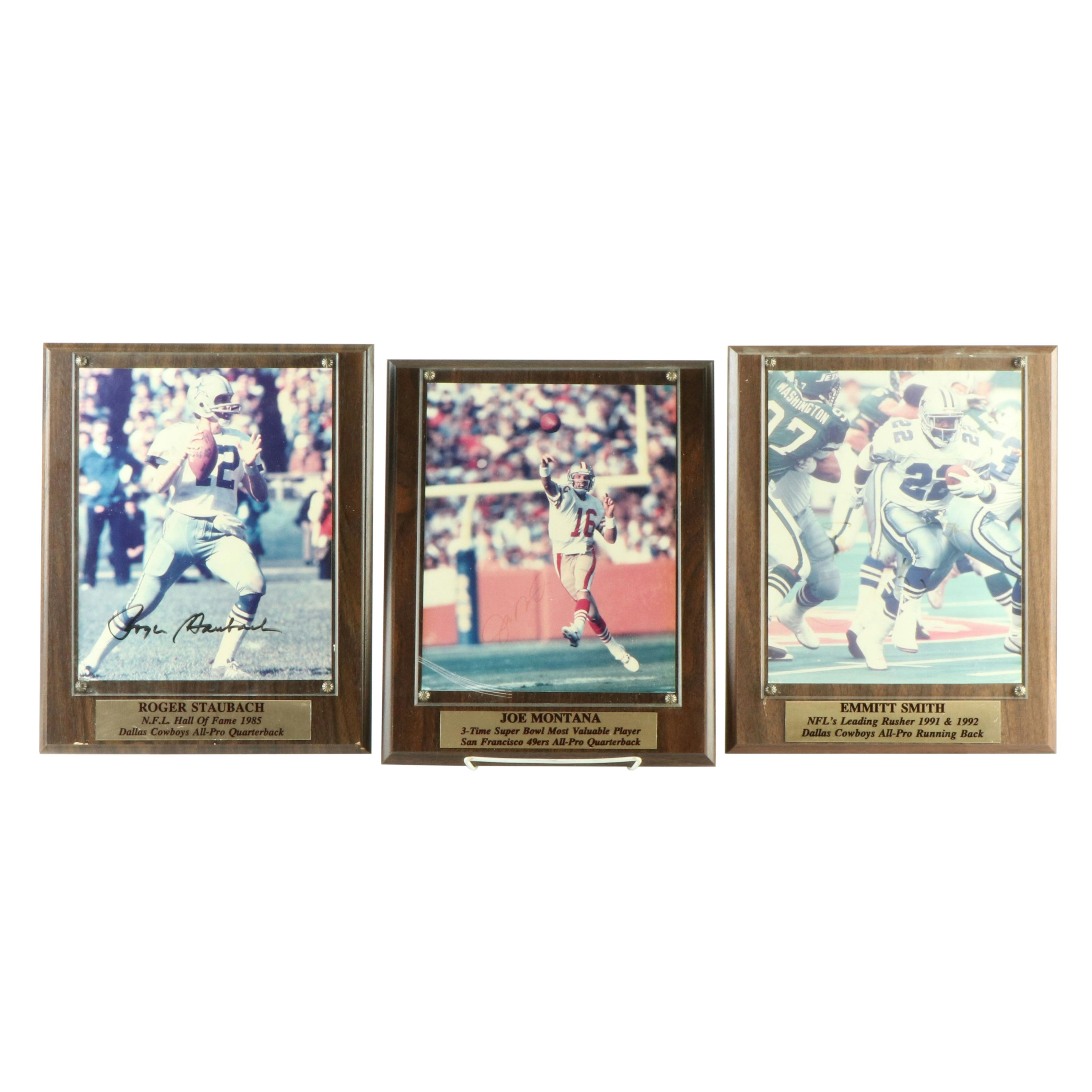 Joe Montana, Roger Staubach, and Emmitt Smith Signed Football Displays