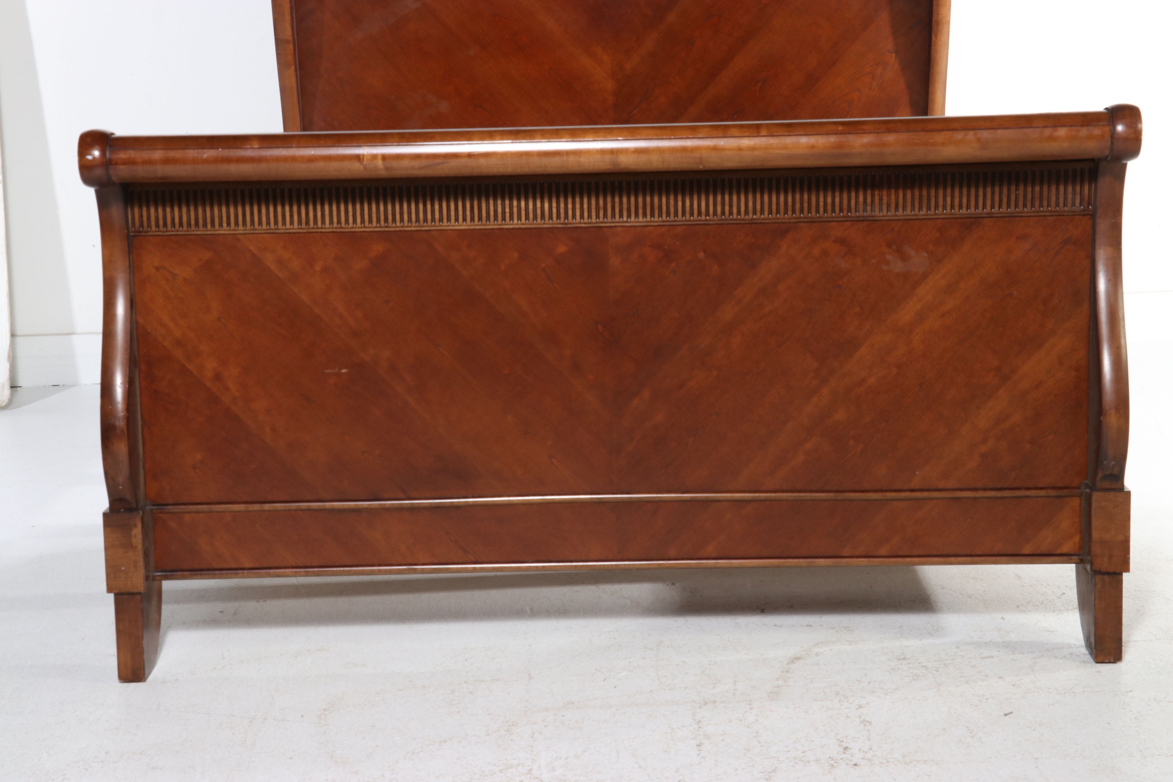 Empire Style Cherry Sleigh Bed with Chevron Veneer, 21st Century