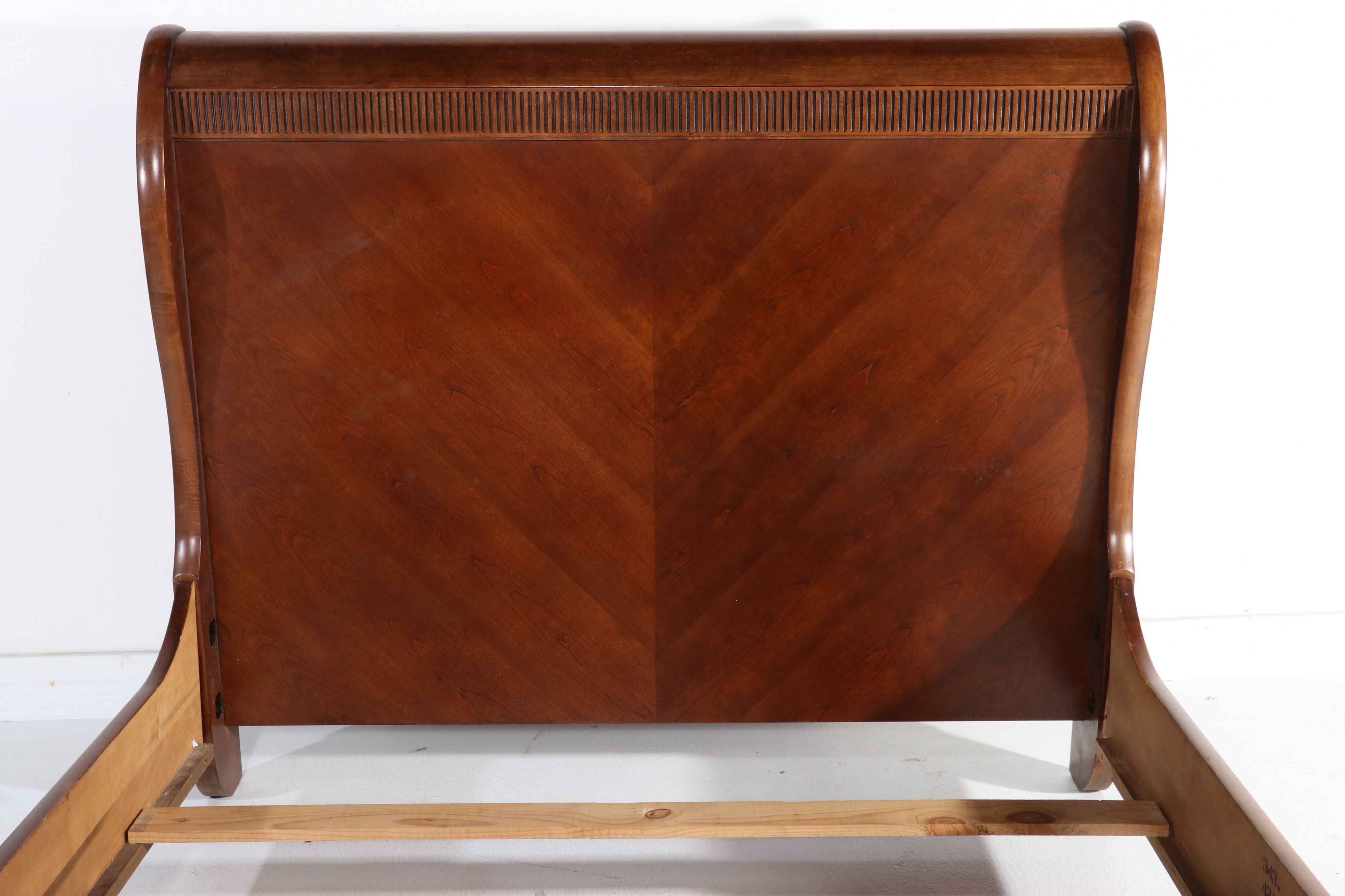 Empire Style Cherry Sleigh Bed with Chevron Veneer, 21st Century
