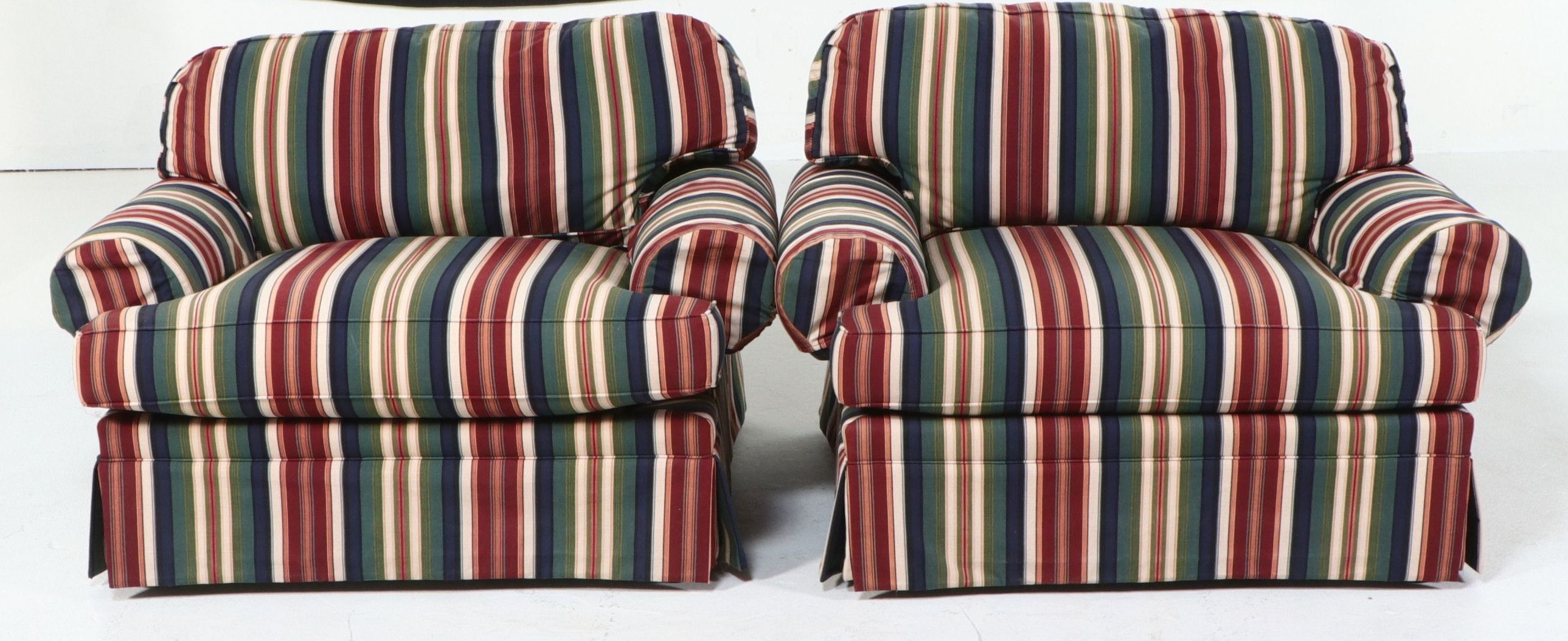 Pair of Striped Oversized Armchairs and Ottoman