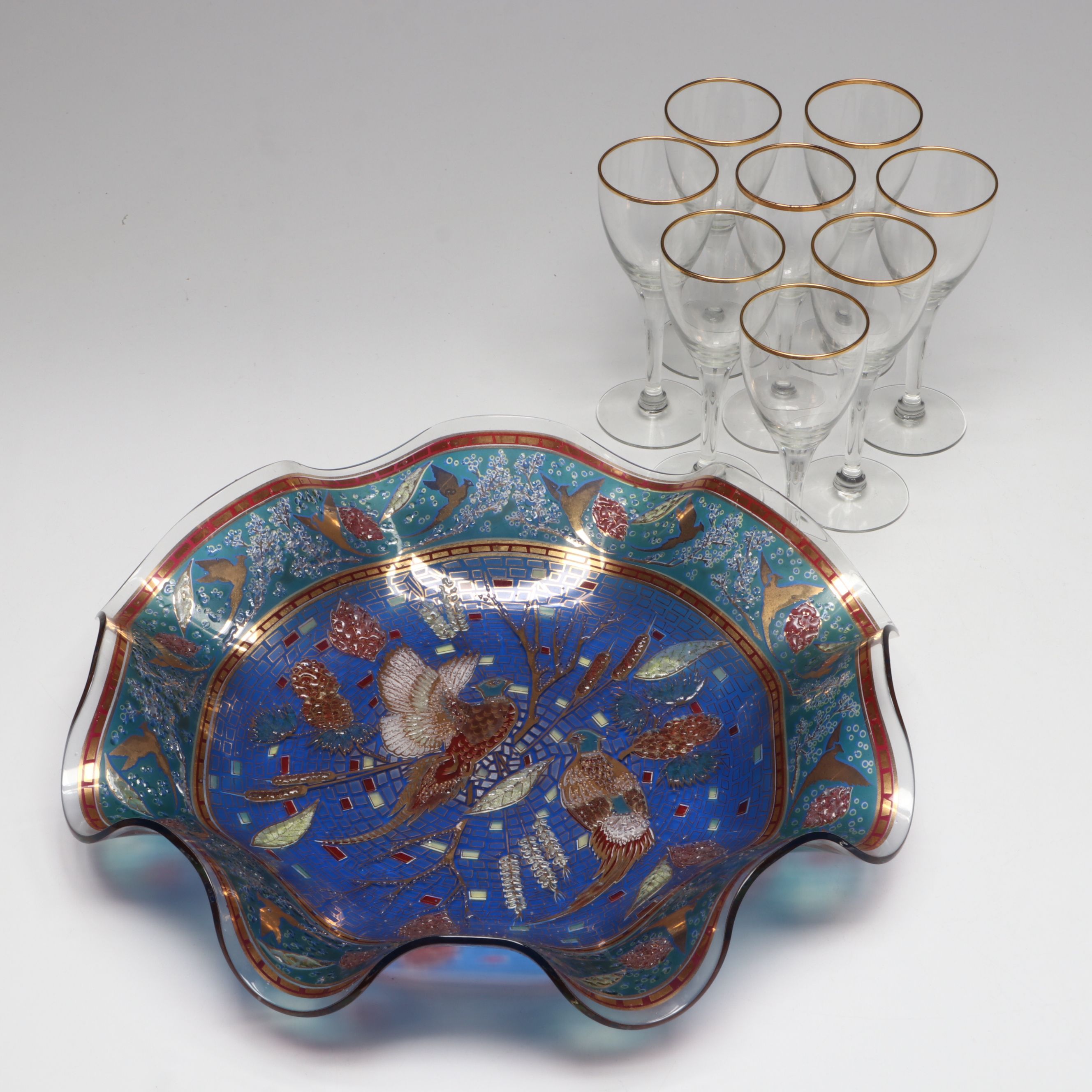 Handkerchief Mosaic Glass Bowl with Gilt Rimmed Glass Cordials