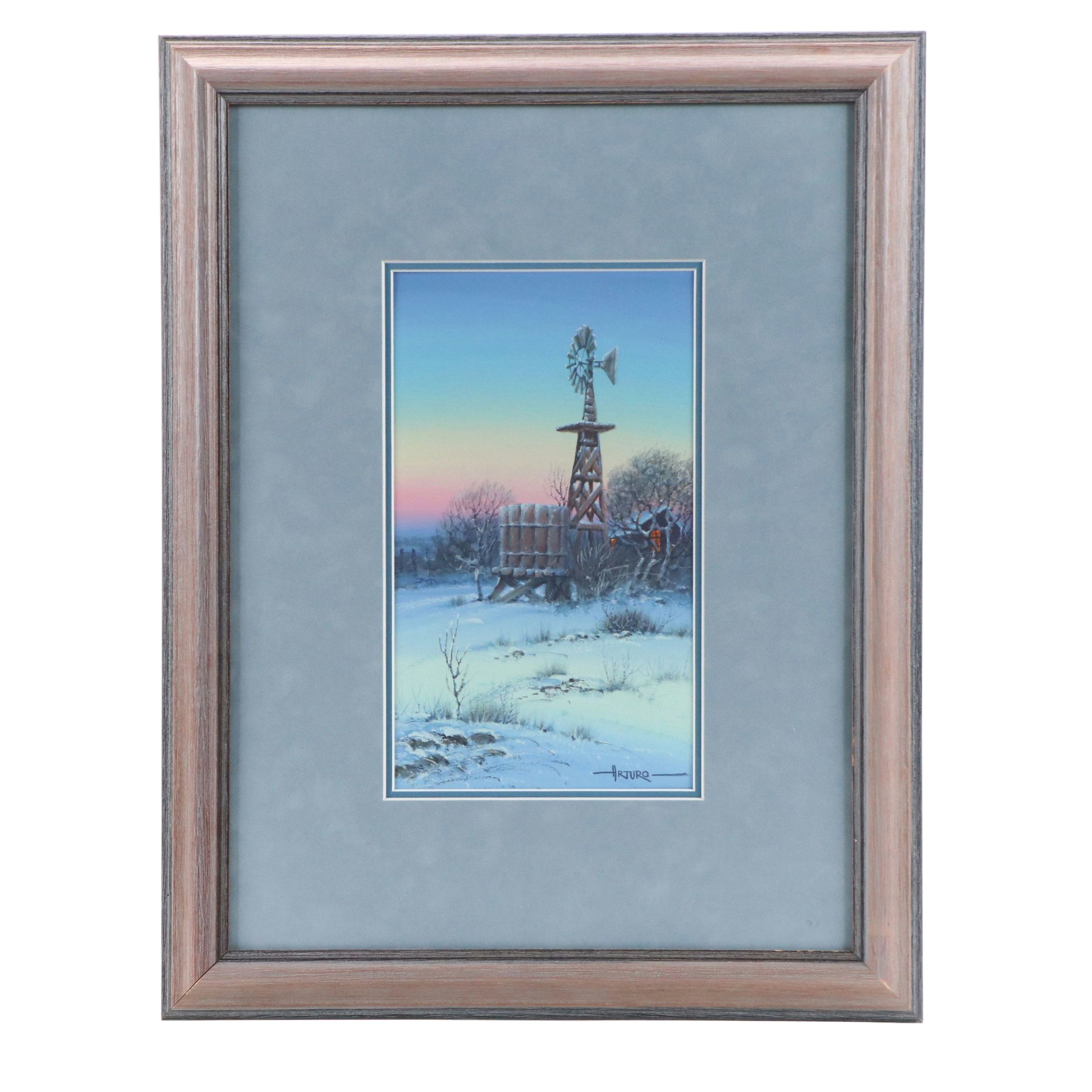 Oil Painting of Rustic Winter Scene, Late 20th Century