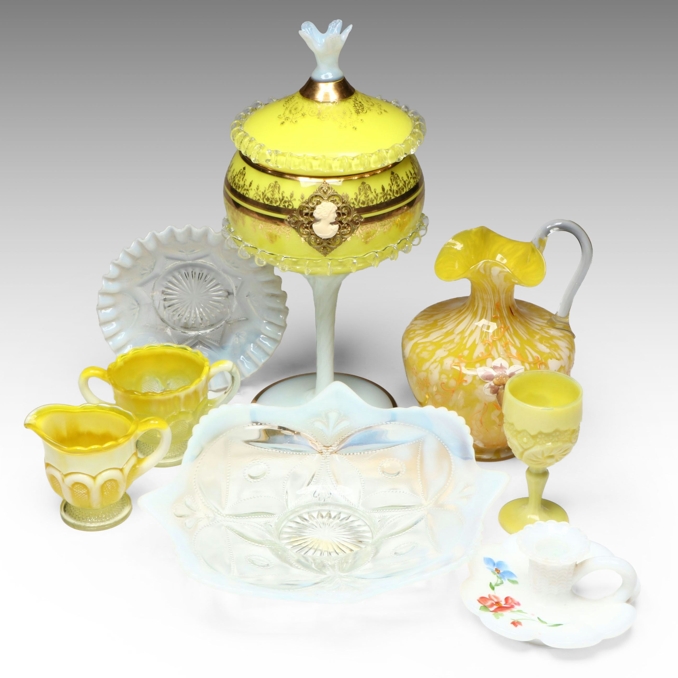 Victorian Style Yellow Glass Lidded Compote with Other Vintage Glass Tableware