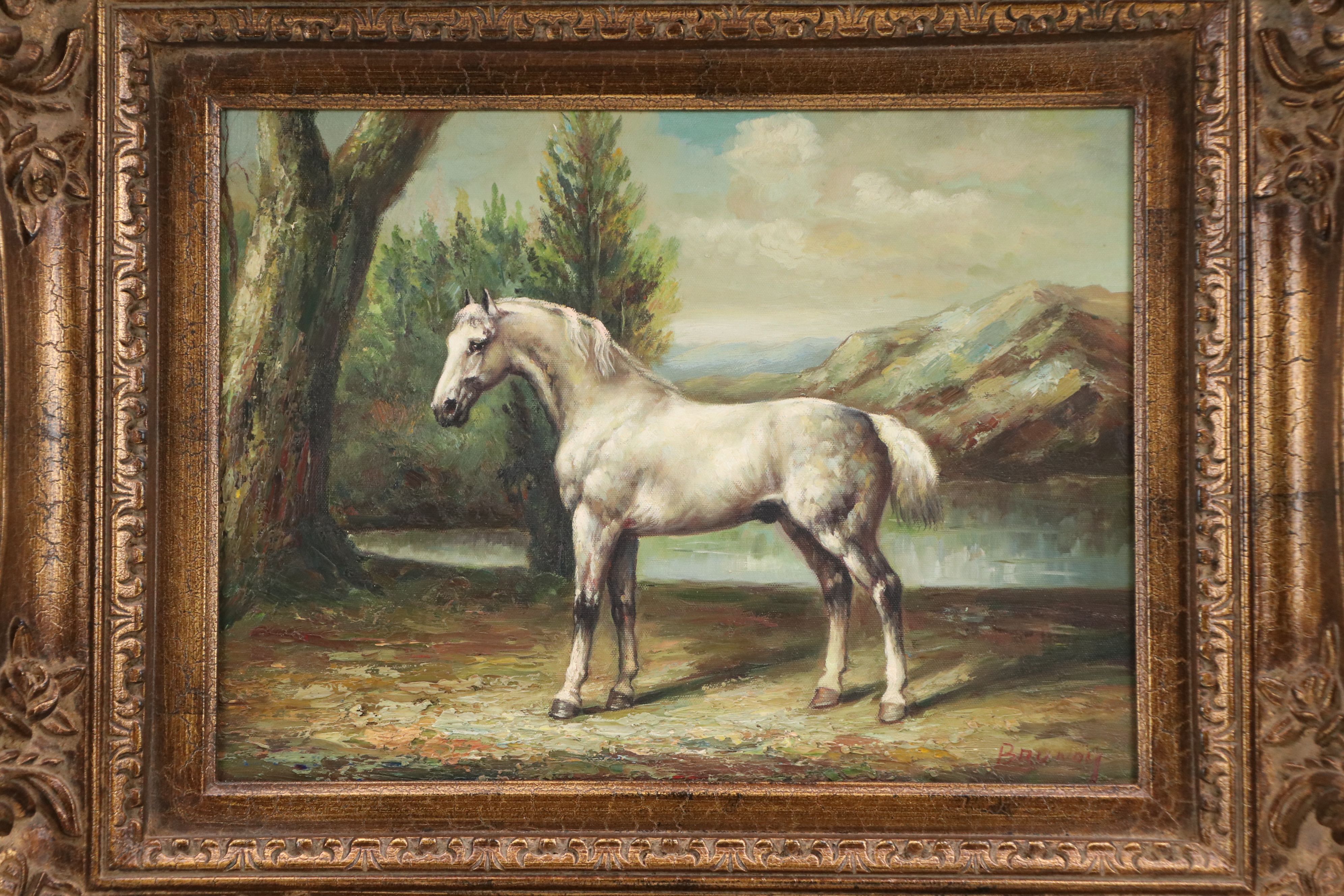 Oil Painting of White Horse by Mountain Lake, Late 20th Century
