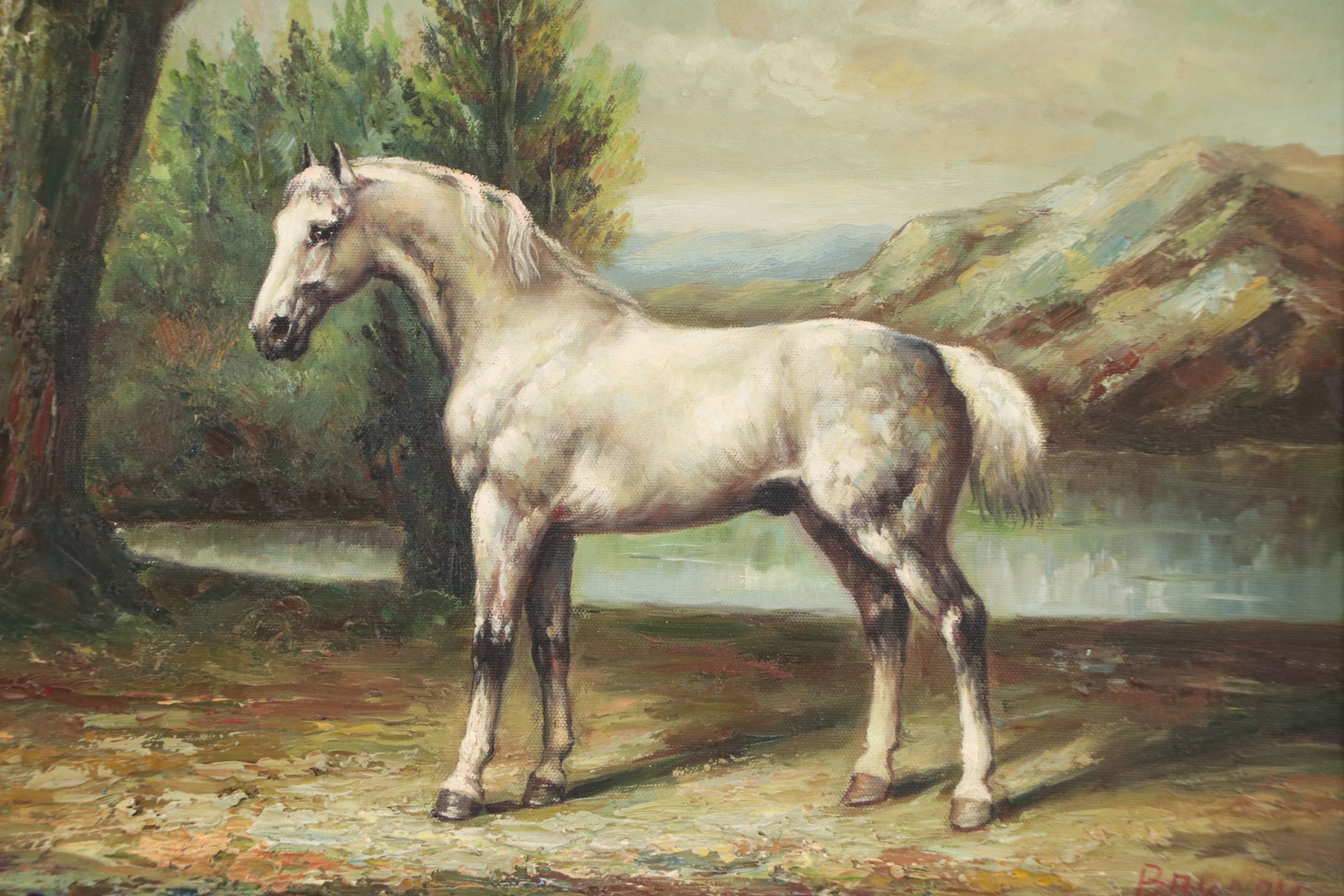 Oil Painting of White Horse by Mountain Lake, Late 20th Century