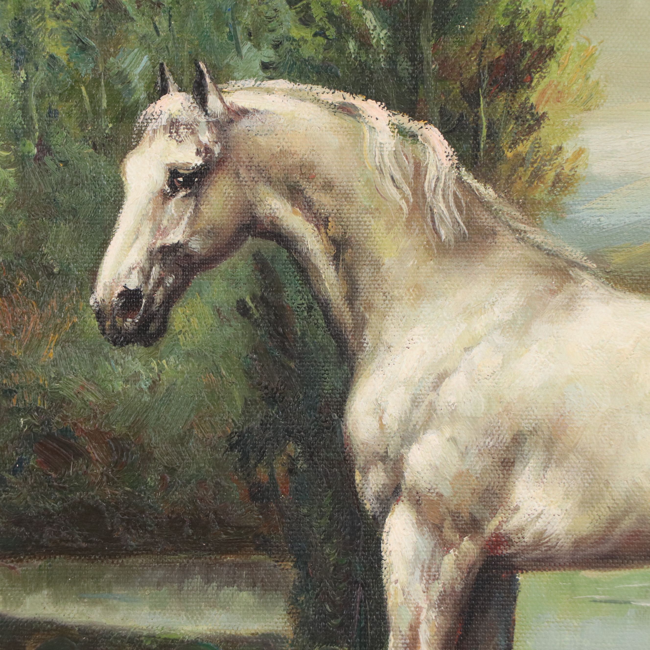 Oil Painting of White Horse by Mountain Lake, Late 20th Century