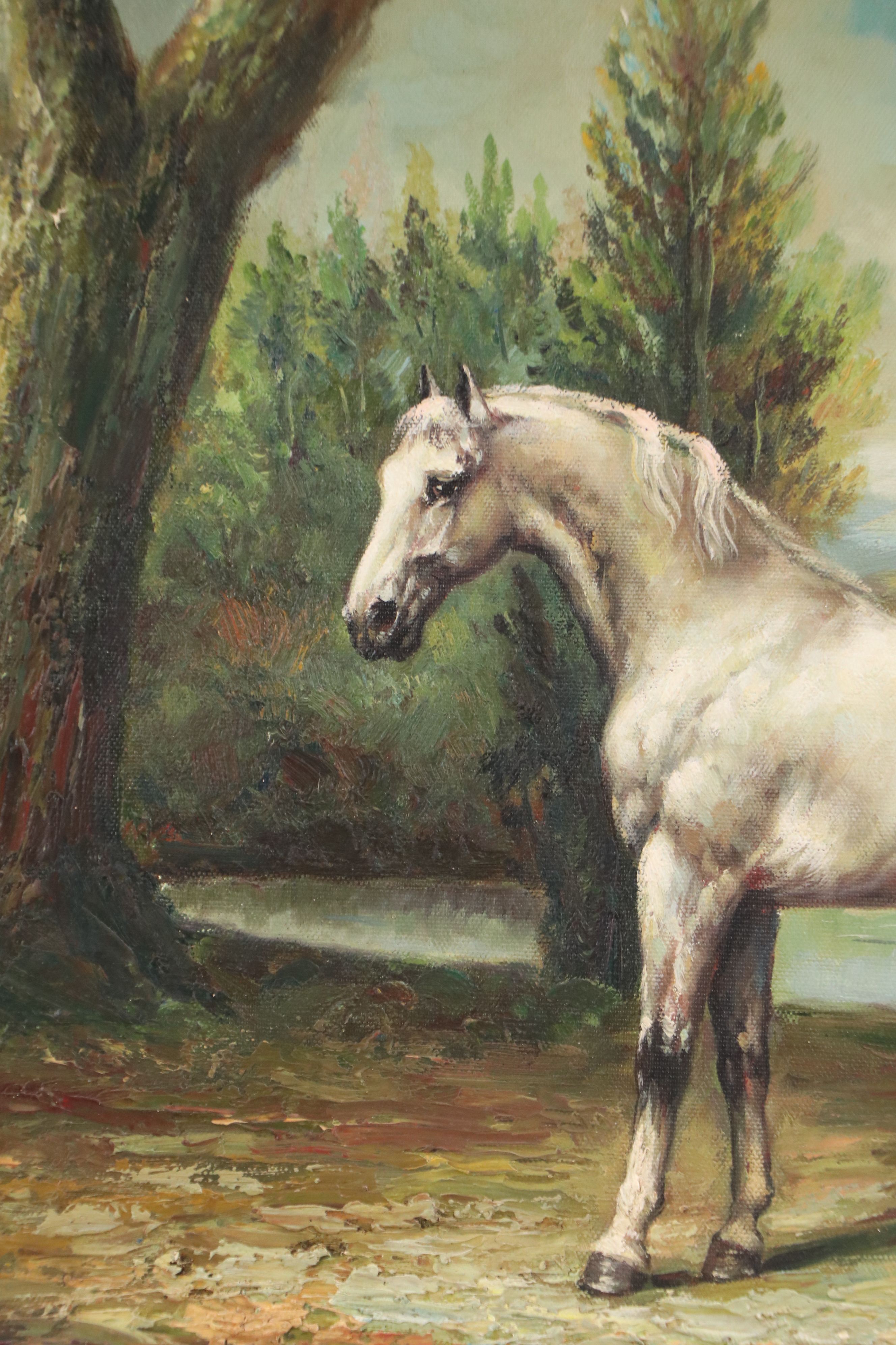 Oil Painting of White Horse by Mountain Lake, Late 20th Century