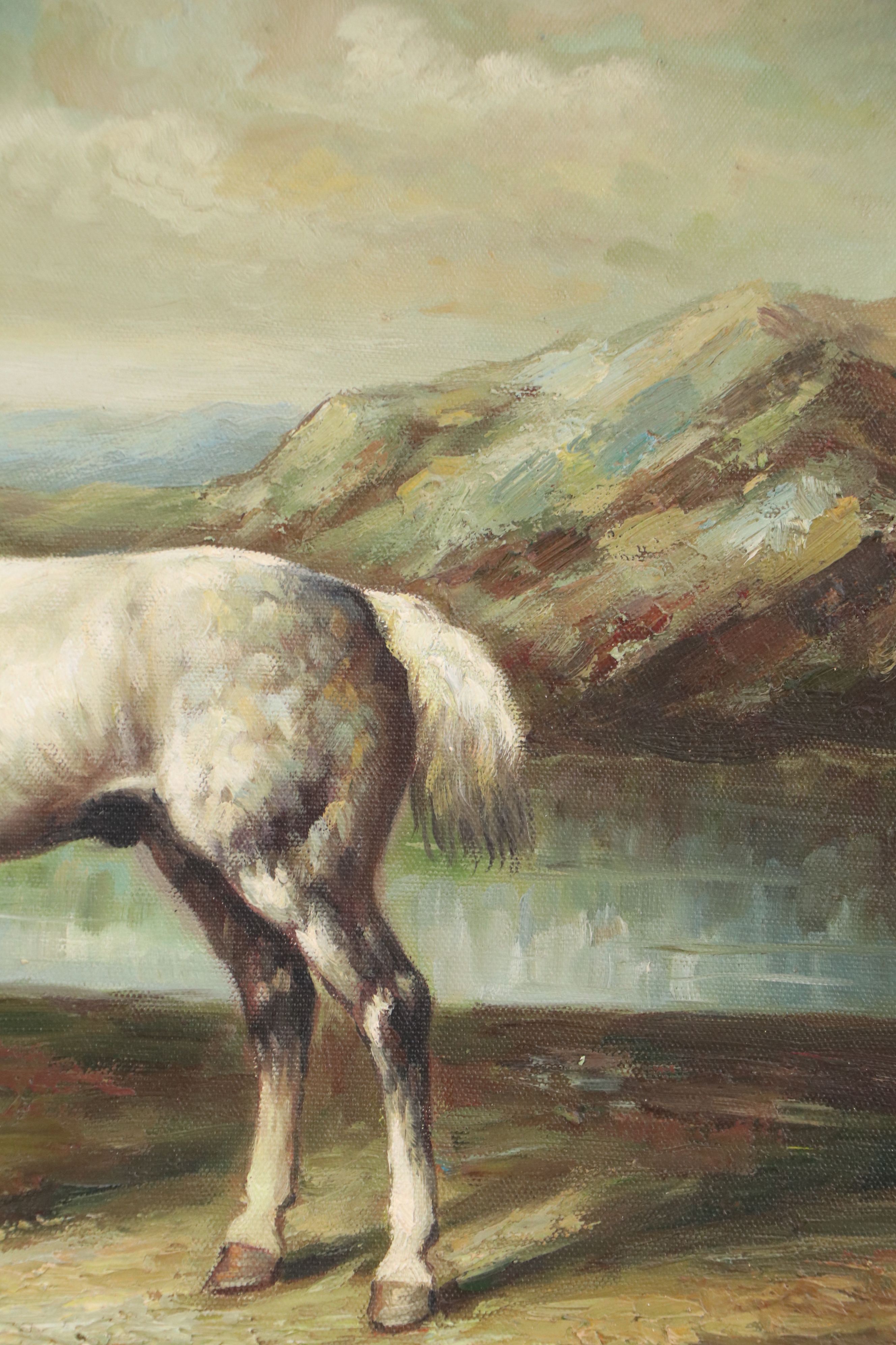 Oil Painting of White Horse by Mountain Lake, Late 20th Century