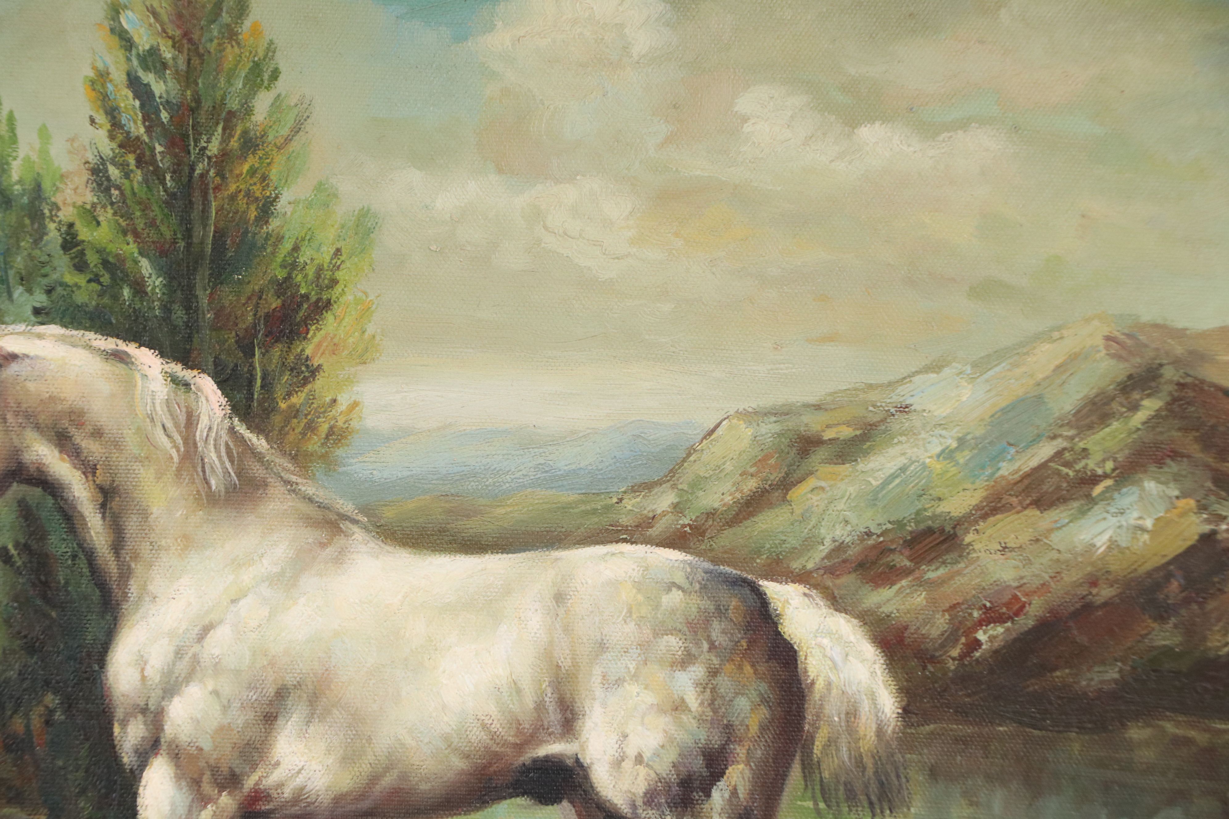 Oil Painting of White Horse by Mountain Lake, Late 20th Century