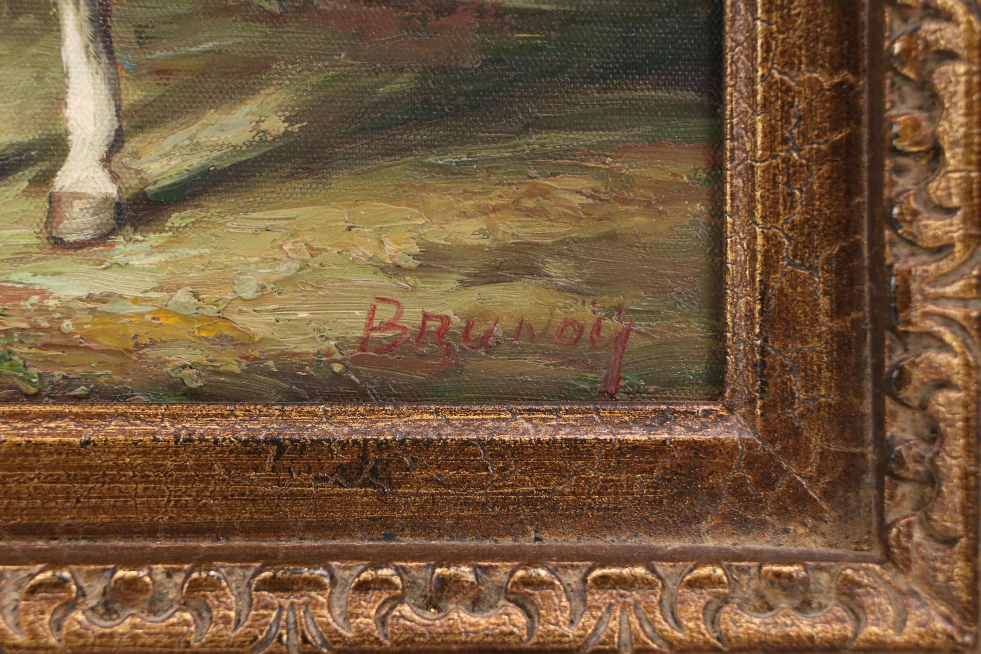 Oil Painting of White Horse by Mountain Lake, Late 20th Century