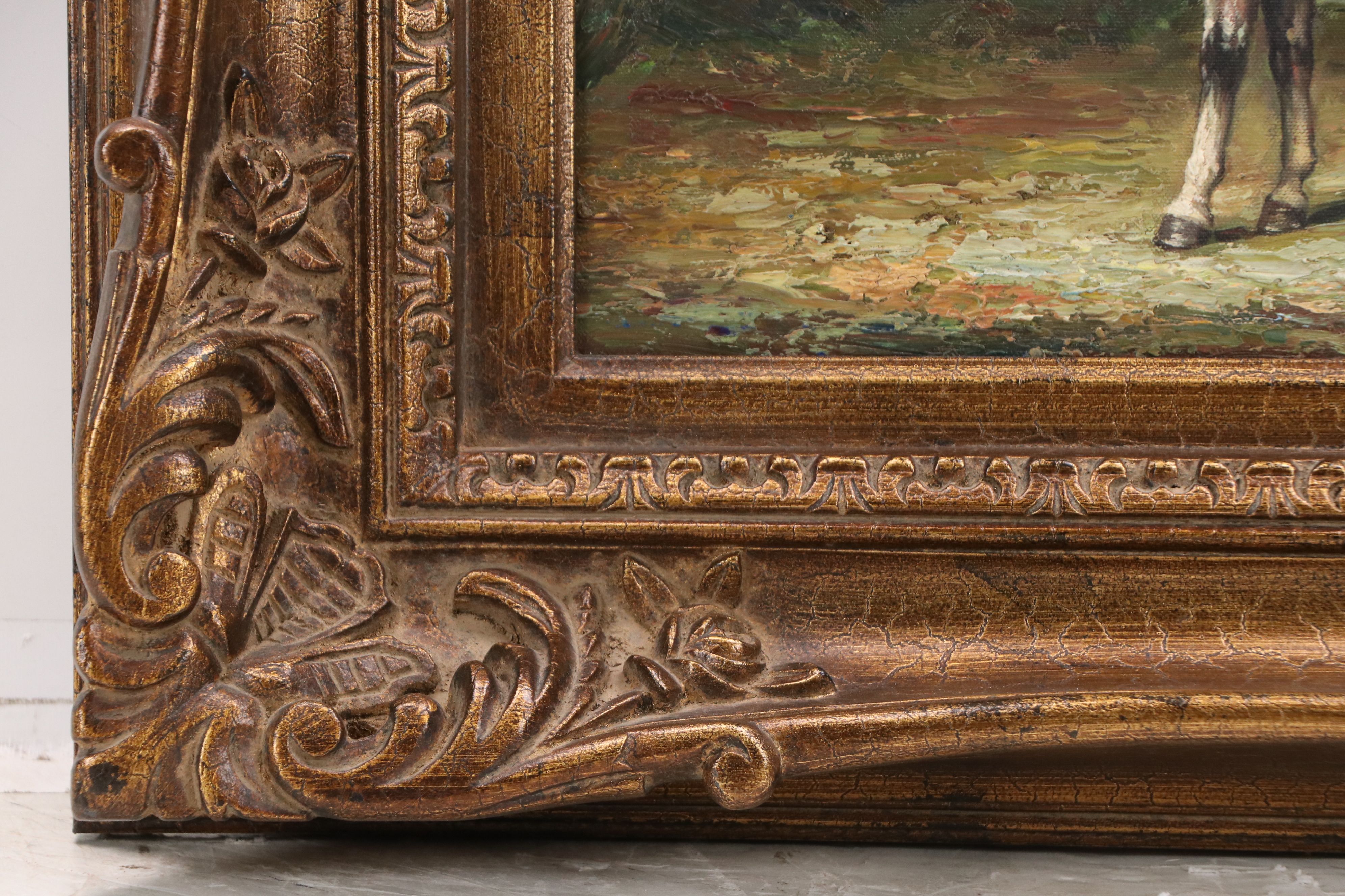 Oil Painting of White Horse by Mountain Lake, Late 20th Century